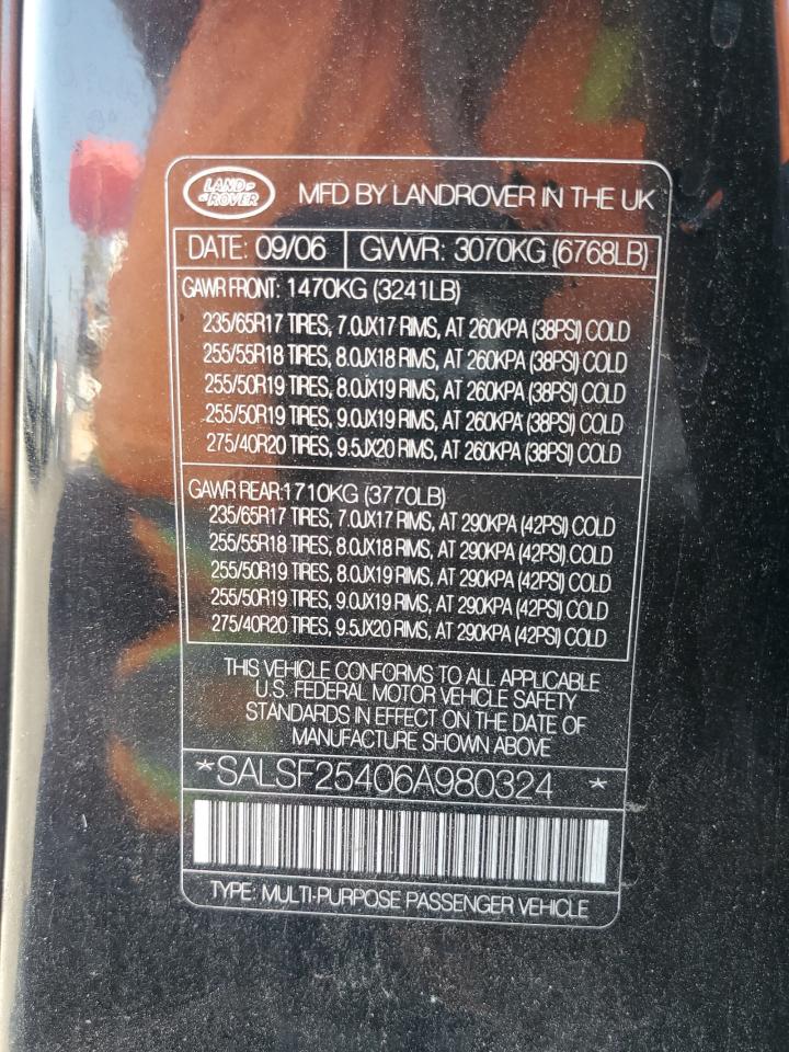 2006 Land Rover Range Rover Sport Hse VIN: SALSF25406A980324 Lot: 62681824