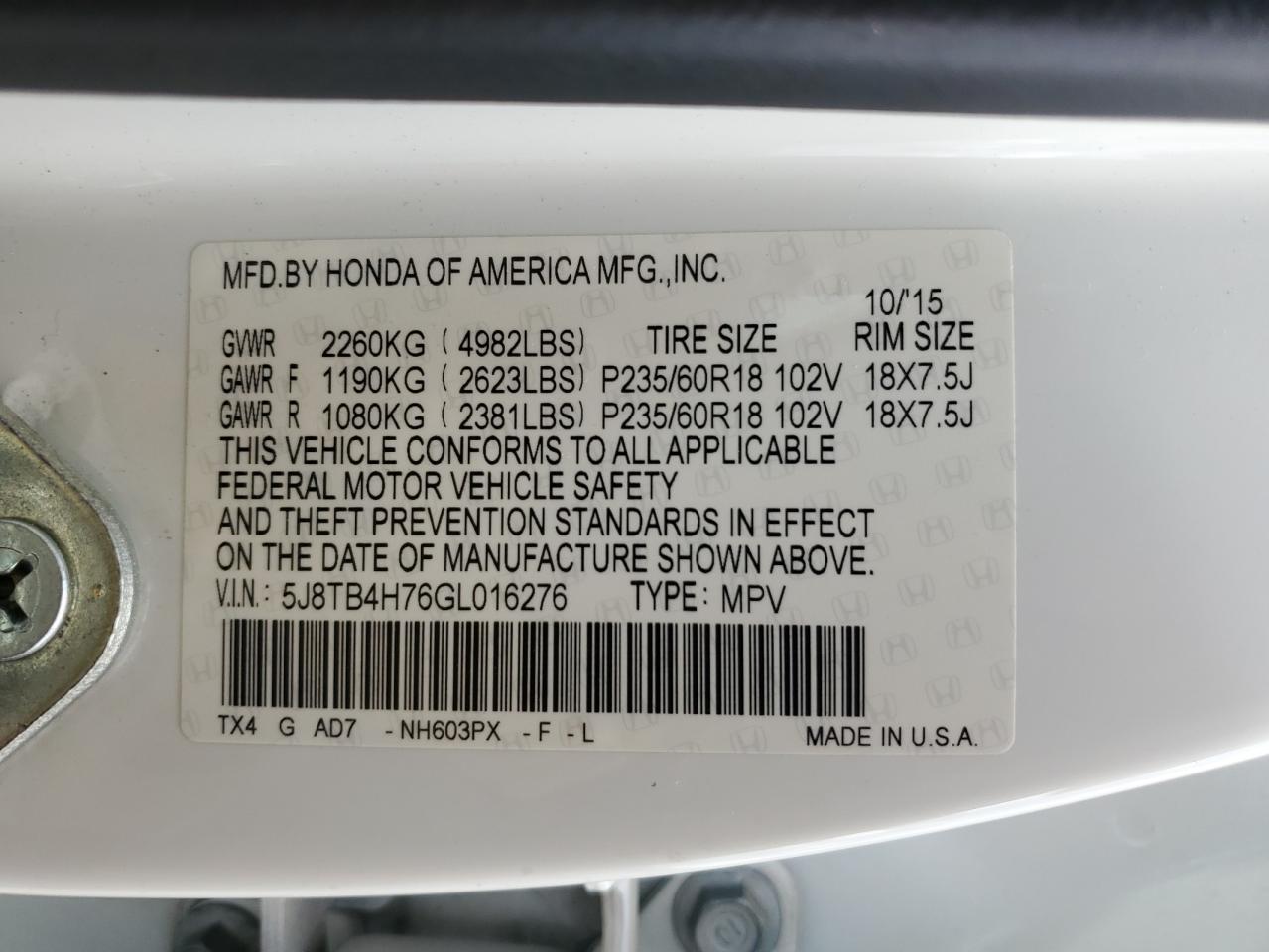 VIN 5J8TB4H76GL016276 2016 ACURA RDX no.13