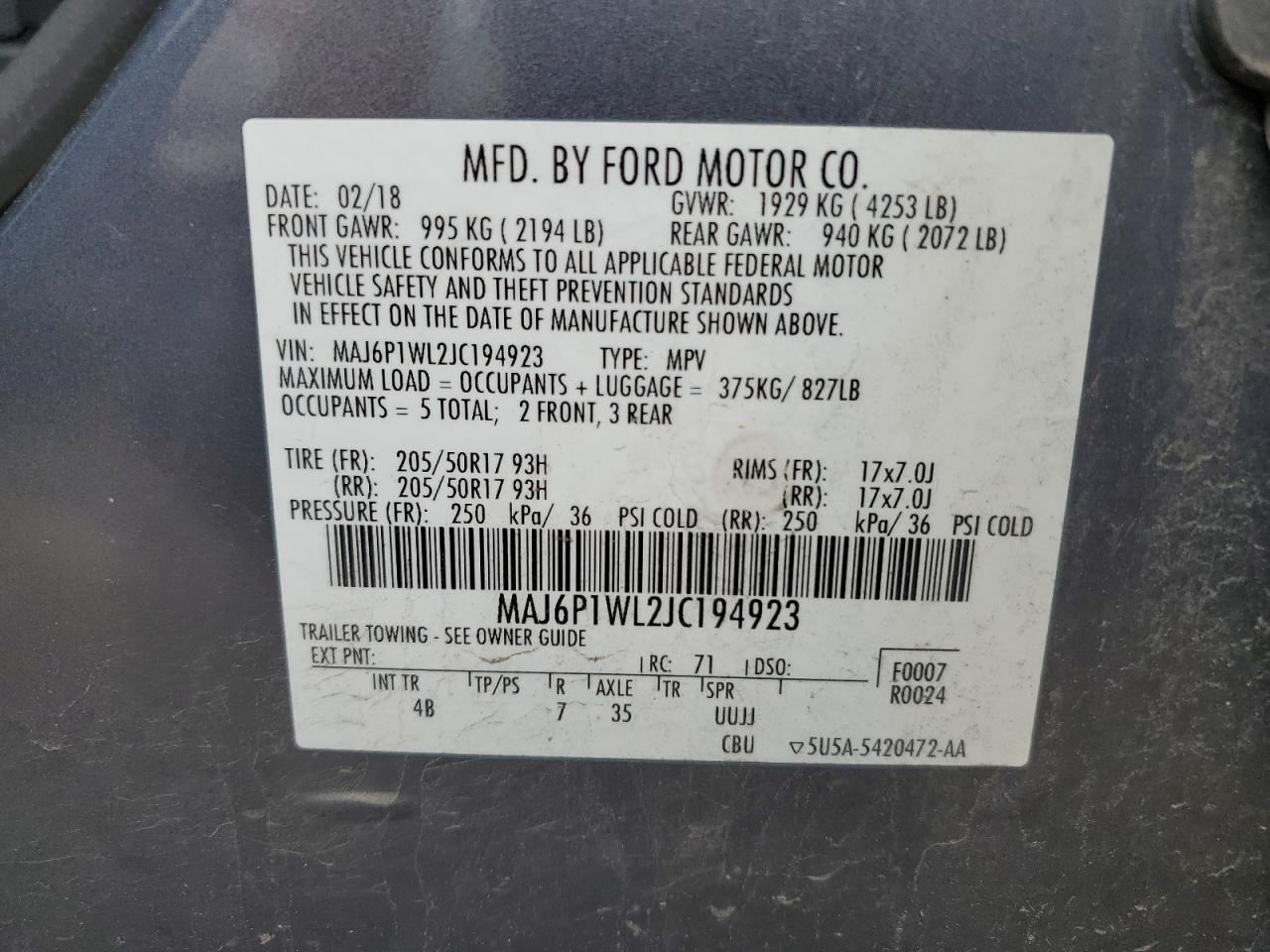 2018 Ford Ecosport Titanium VIN: MAJ6P1WL2JC194923 Lot: 63205564