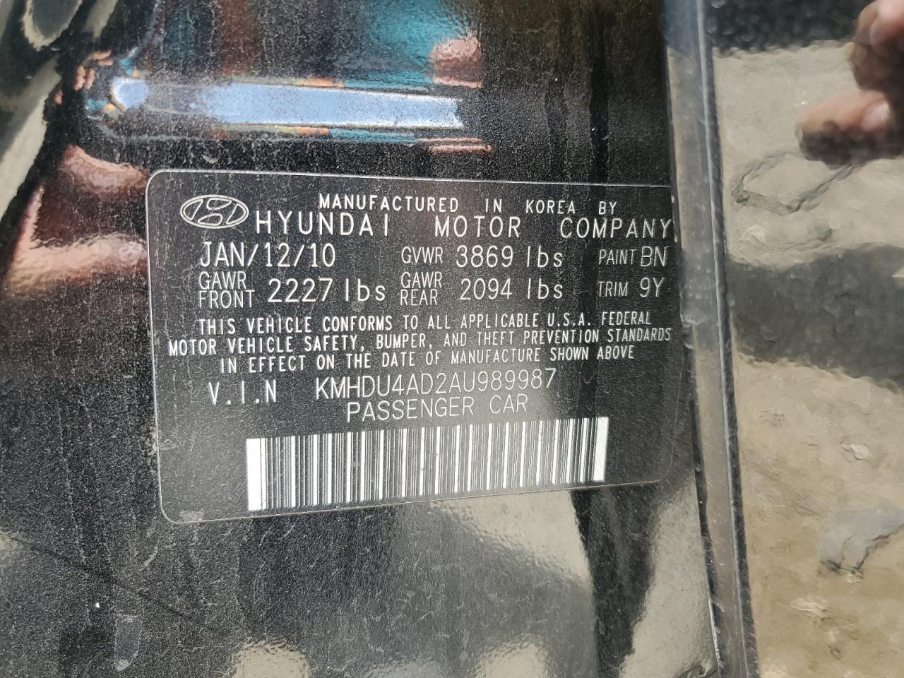 2010 Hyundai Elantra Blue VIN: KMHDU4AD2AU989987 Lot: 63433334