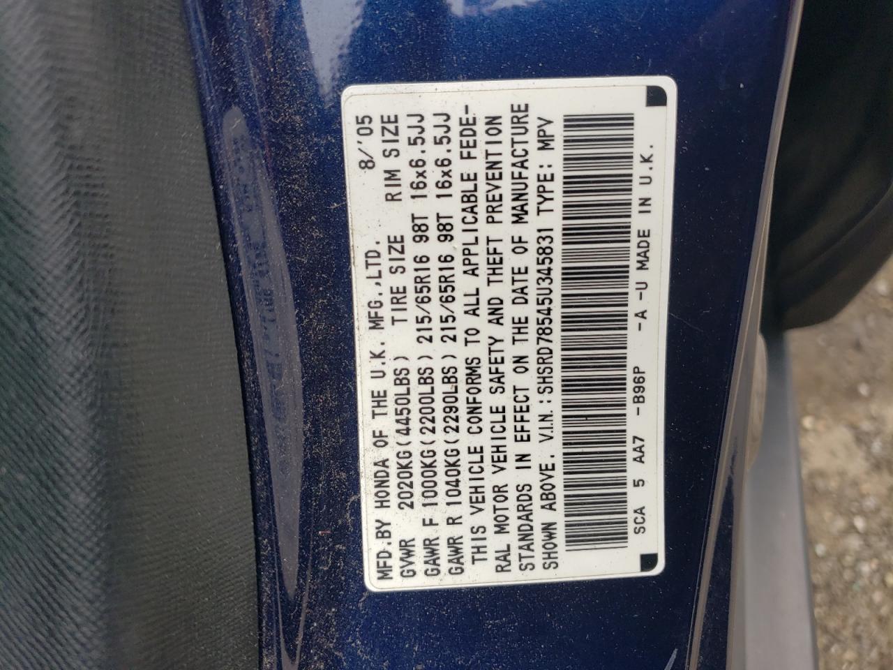 2005 Honda Cr-V Lx VIN: SHSRD78545U345831 Lot: 63875024