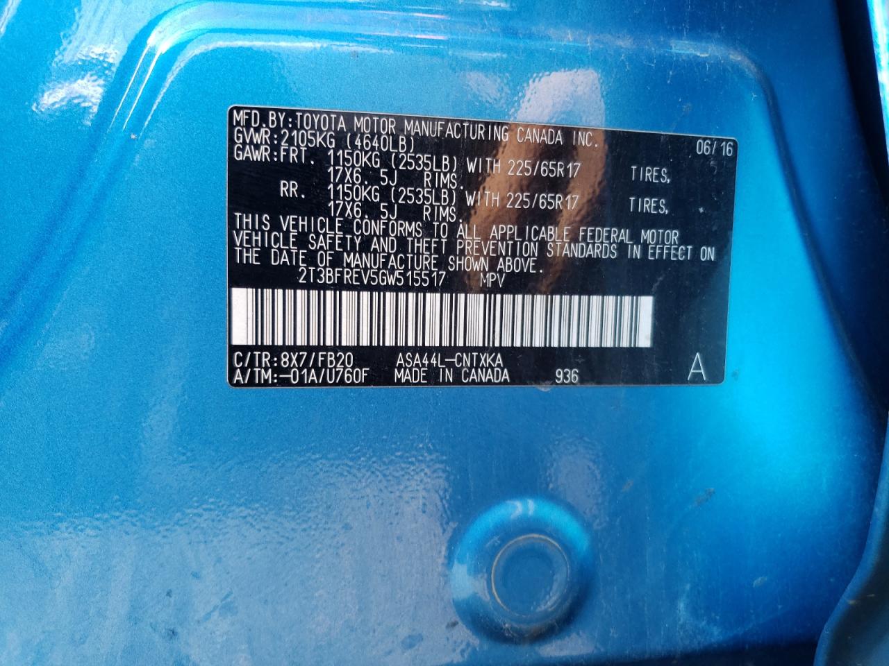 2016 Toyota Rav4 Le VIN: 2T3BFREV5GW515517 Lot: 61762964