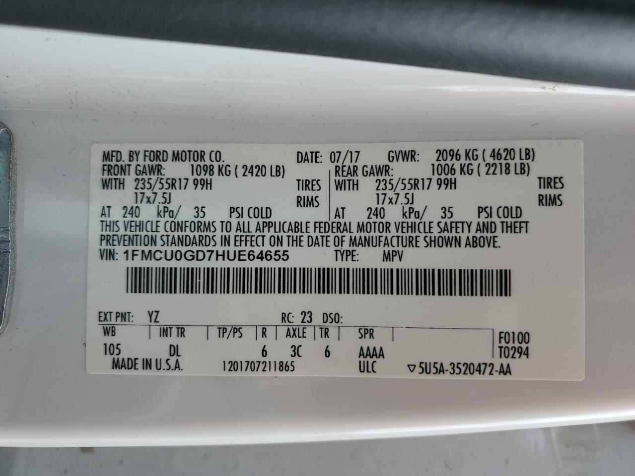 2017 Ford Escape Se VIN: 1FMCU0GD7HUE64655 Lot: 64506974