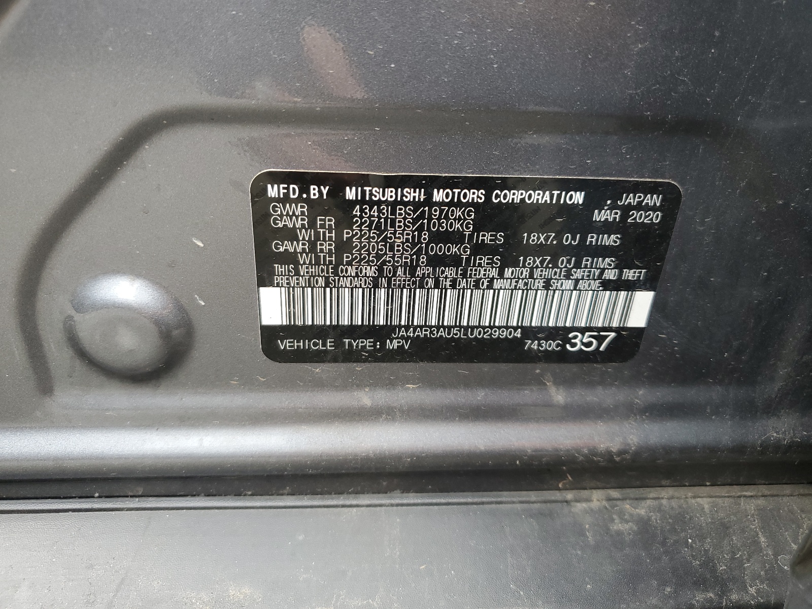 JA4AR3AU5LU029904 2020 Mitsubishi Outlander Sport Es