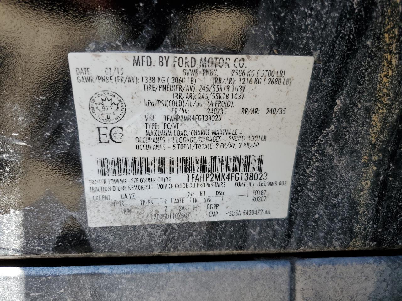 2015 Ford Taurus Police Interceptor VIN: 1FAHP2MK4FG138023 Lot: 64738494