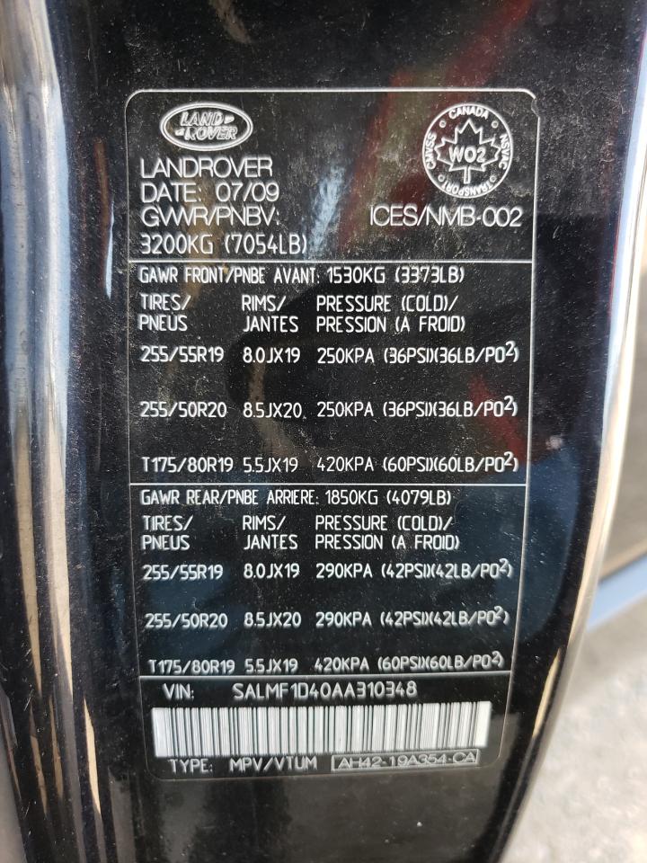 2010 Land Rover Range Rover Hse Luxury VIN: SALMF1D40AA310348 Lot: 61922354