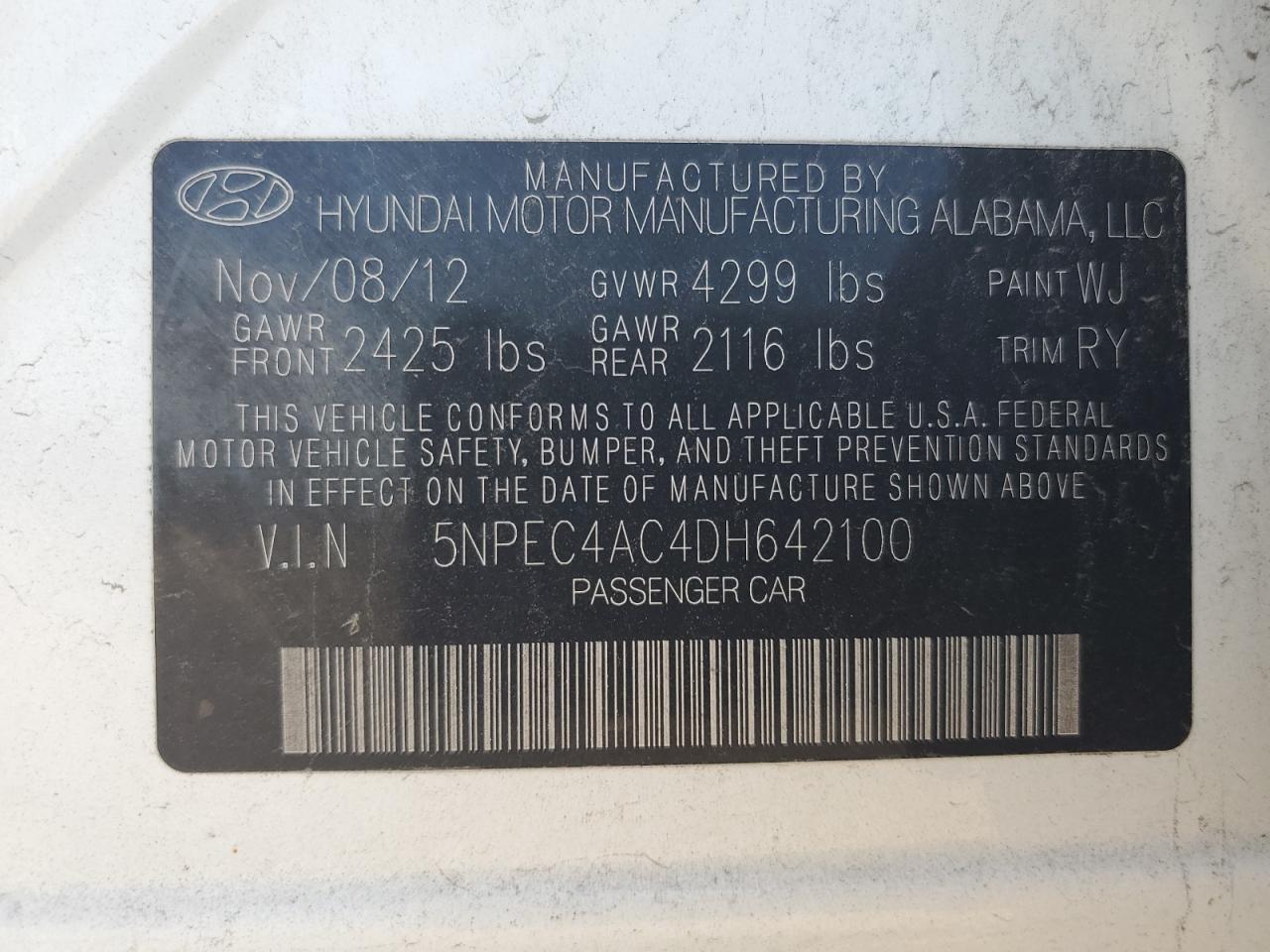 2013 Hyundai Sonata Se VIN: 5NPEC4AC4DH642100 Lot: 62449154