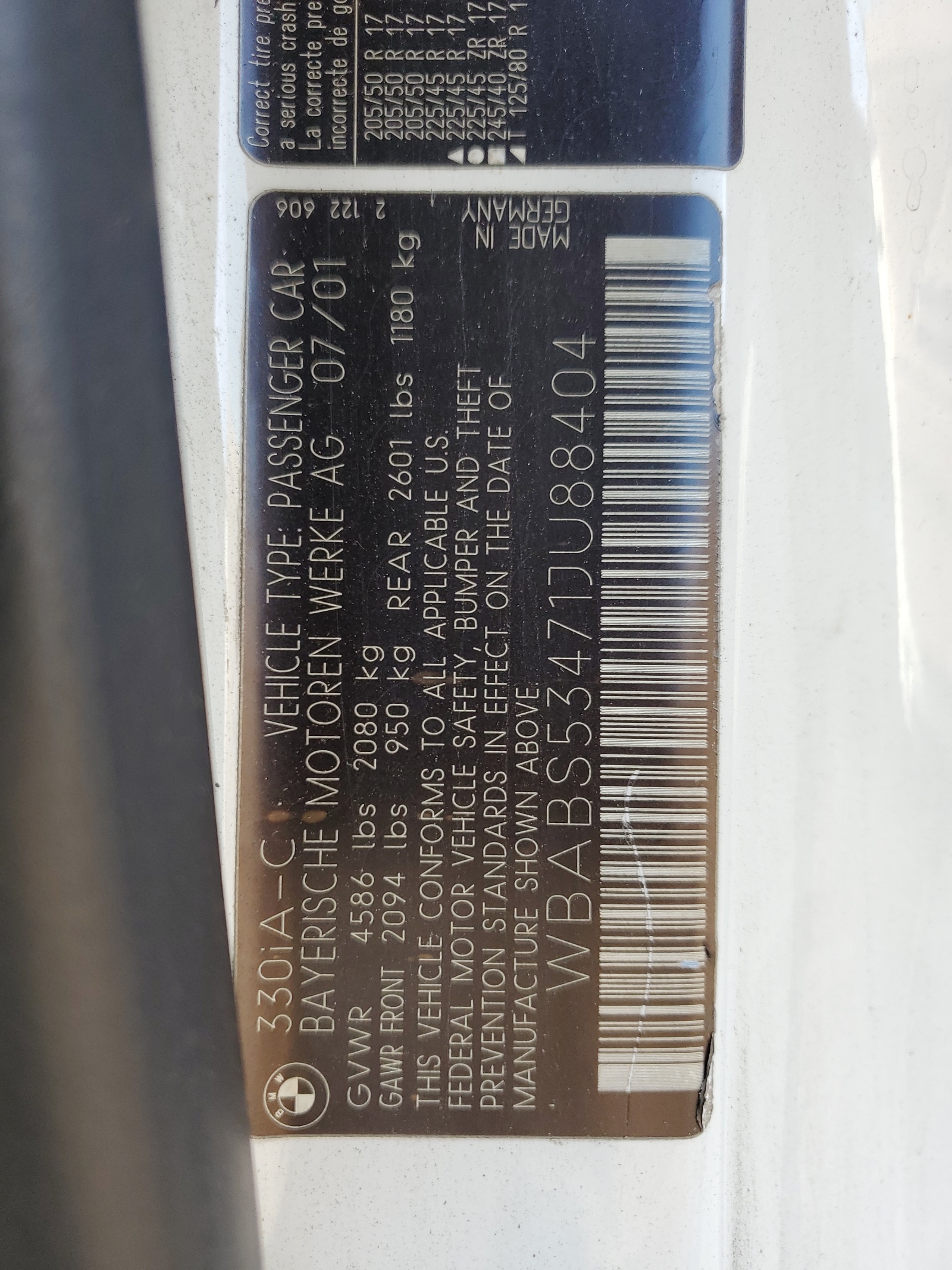 WBABS53471JU88404 2001 BMW 330 Ci