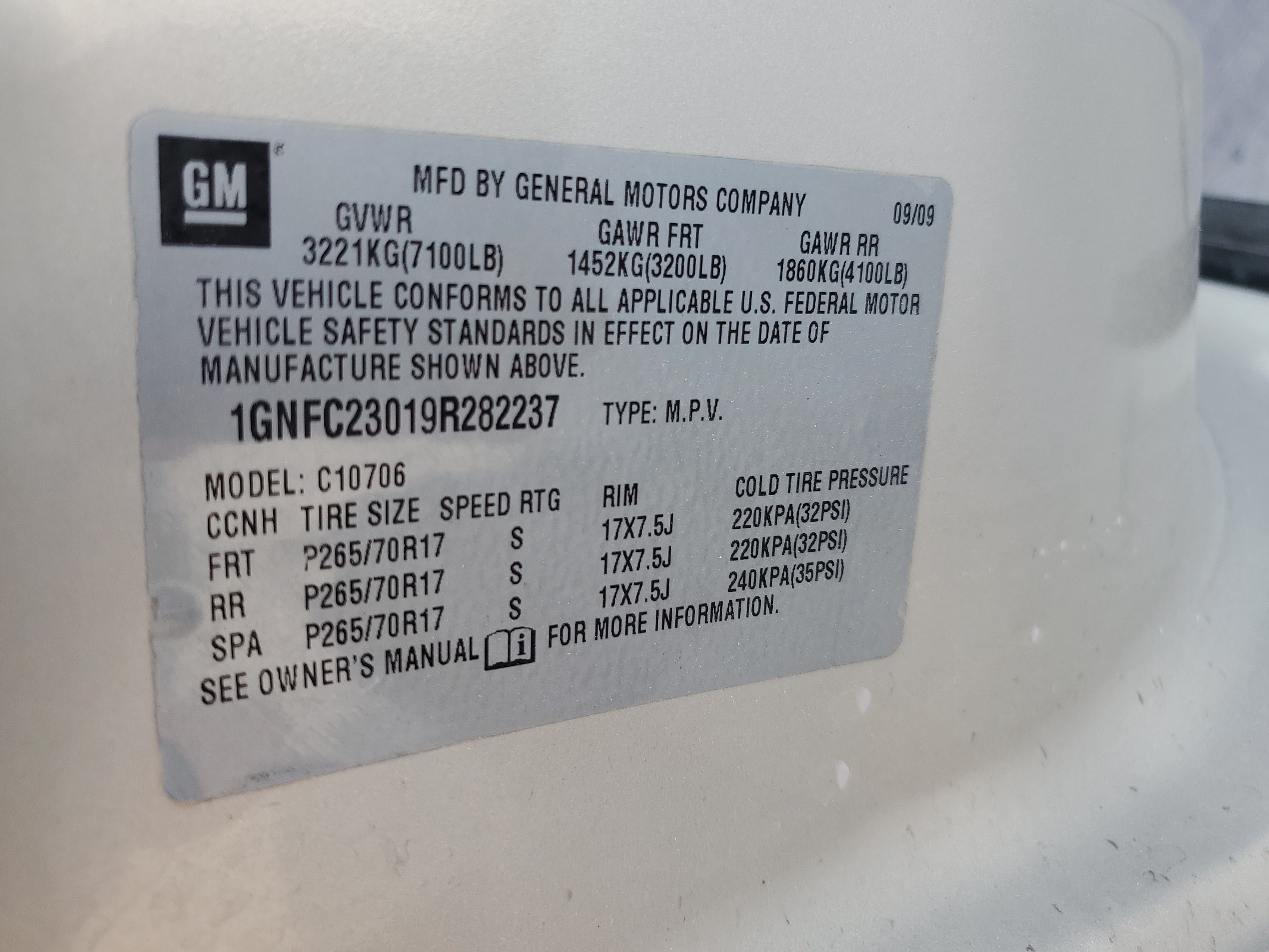 1GNFC23019R282237 2009 Chevrolet Tahoe C1500 Lt