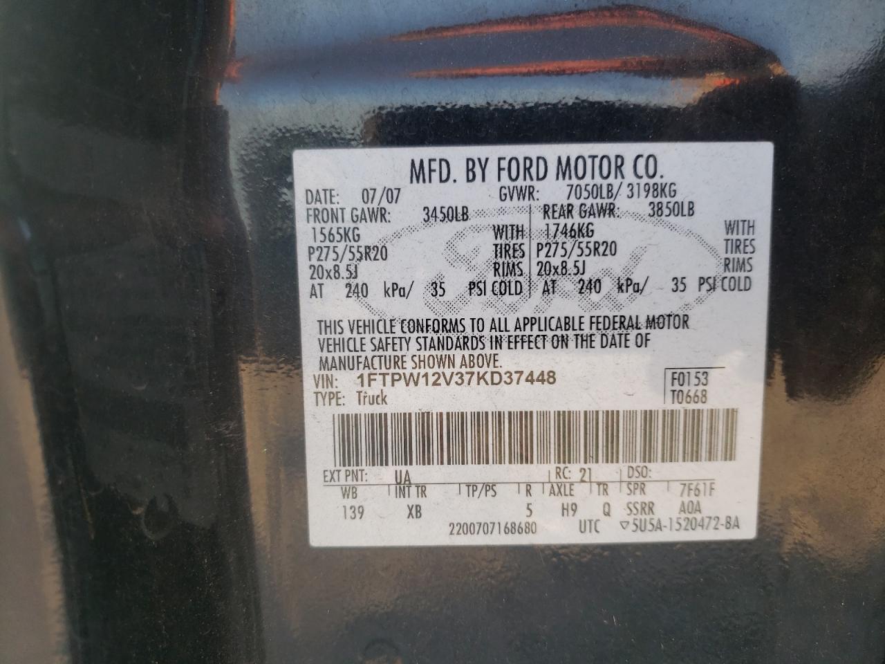 2007 Ford F150 Supercrew VIN: 1FTPW12V37KD37448 Lot: 63253504