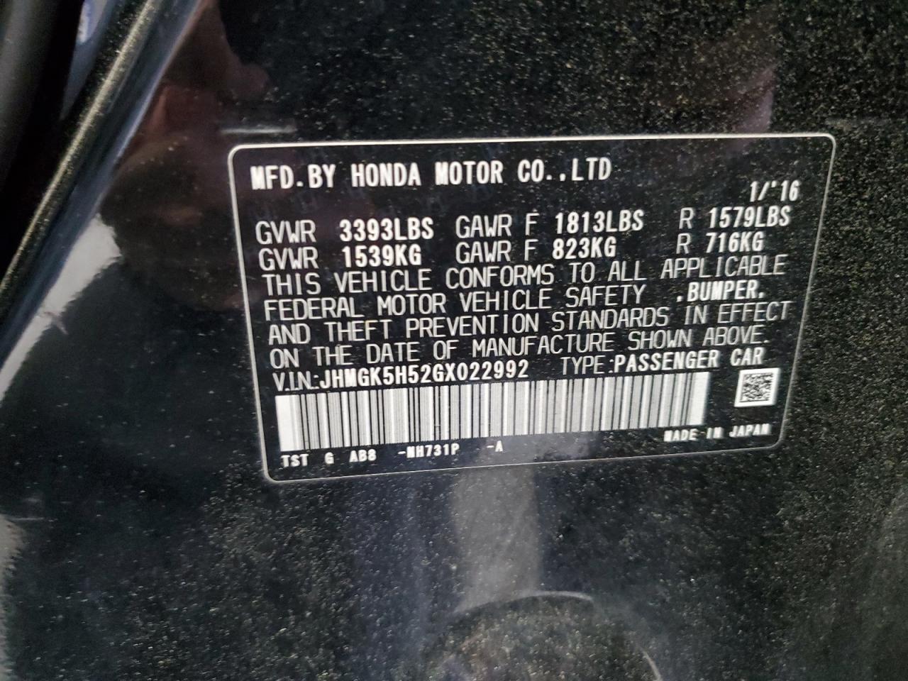 2016 Honda Fit Lx VIN: JHMGK5H52GX022992 Lot: 63189464