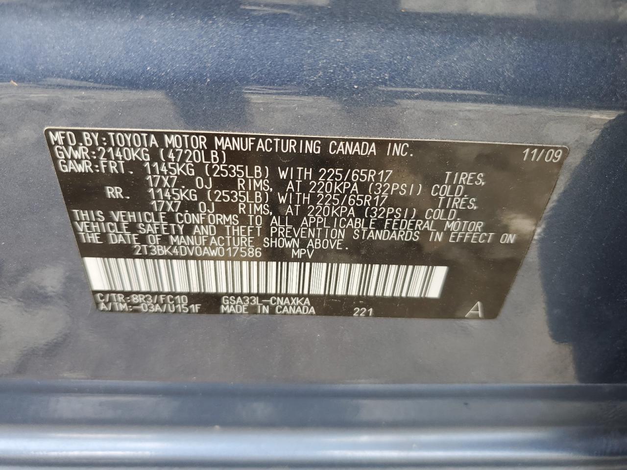 2010 Toyota Rav4 VIN: 2T3BK4DV0AW017586 Lot: 61640584