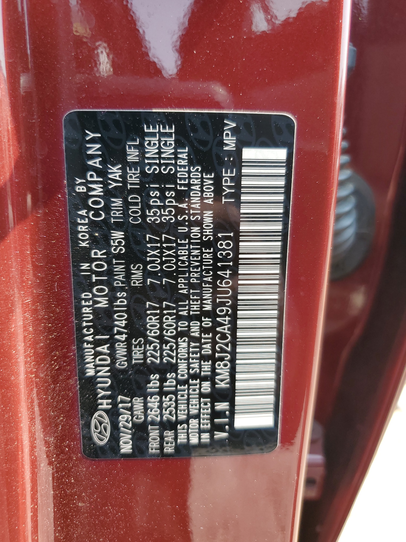 KM8J2CA49JU641381 2018 Hyundai Tucson Se