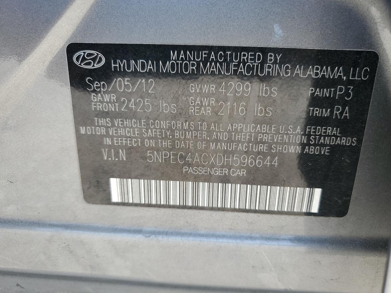 2013 Hyundai Sonata Se VIN: 5NPEC4ACXDH596644 Lot: 62651134