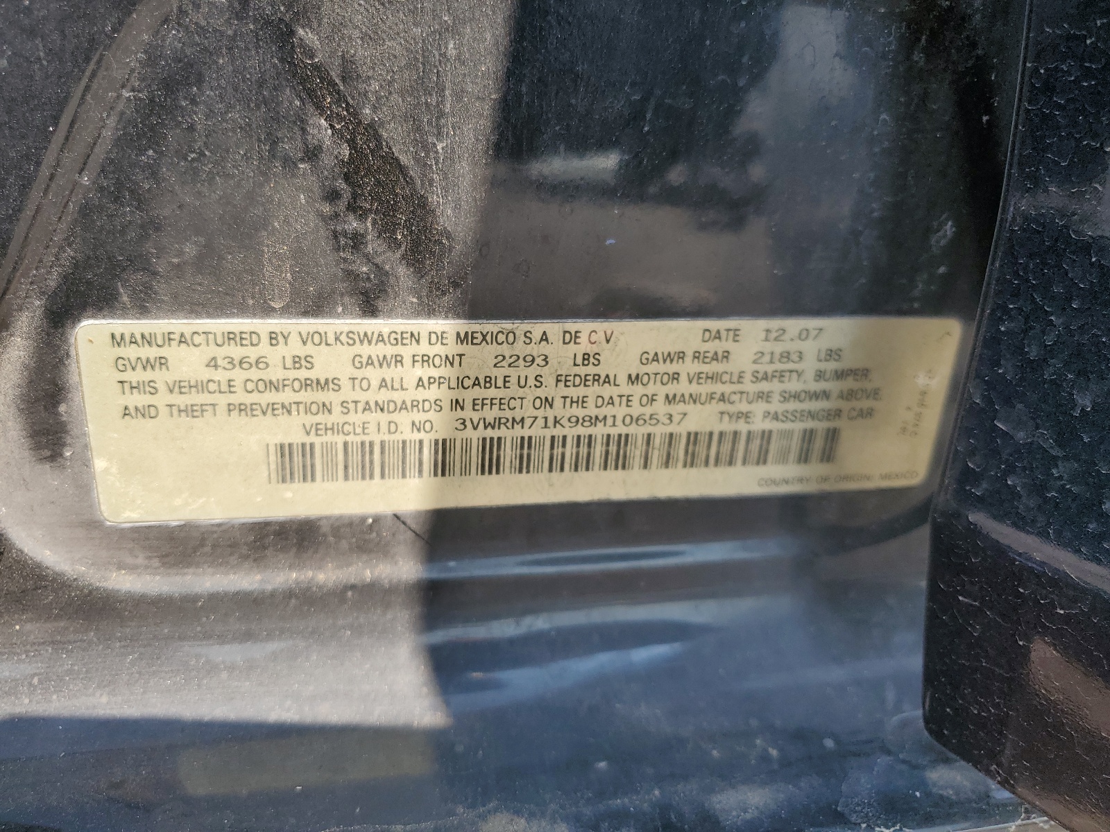 3VWRM71K98M106537 2008 Volkswagen Jetta Se