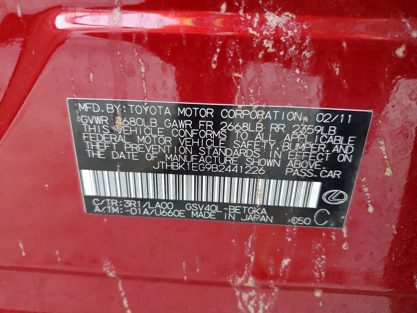 JTHBK1EG9B2441226 2011 Lexus Es 350