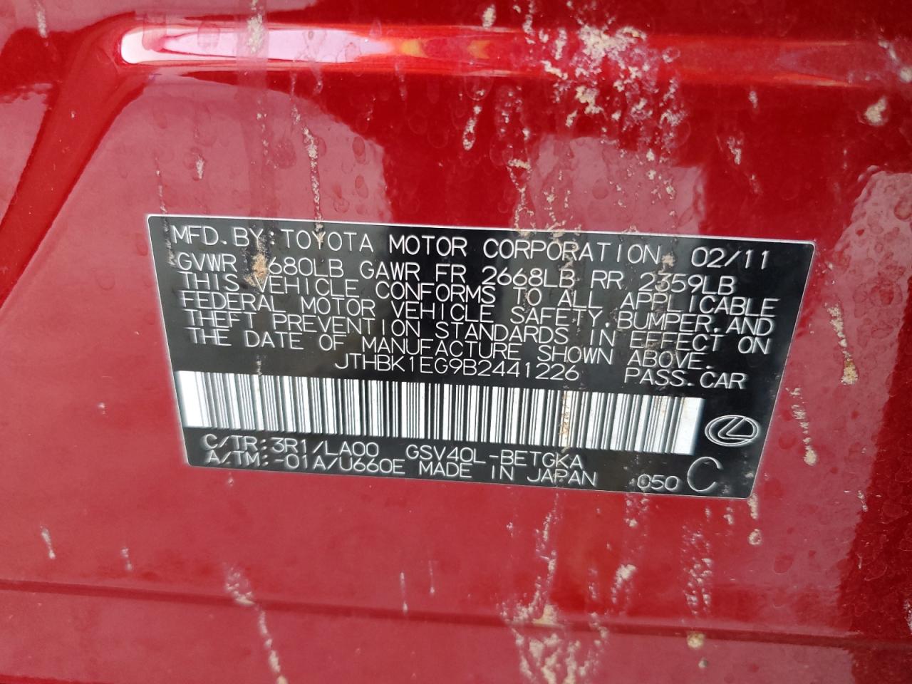 2011 Lexus Es 350 VIN: JTHBK1EG9B2441226 Lot: 62553924