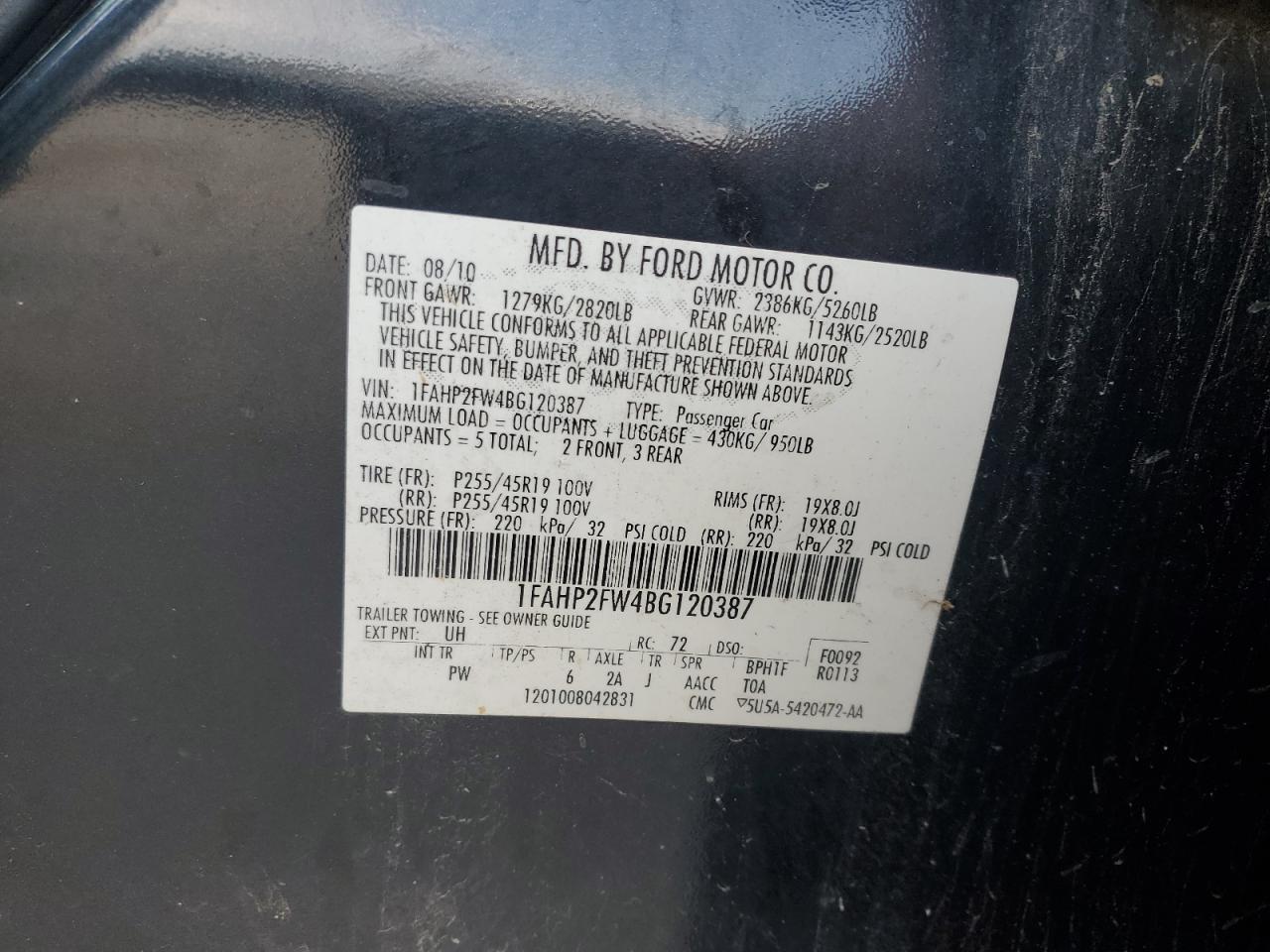 2011 Ford Taurus Limited VIN: 1FAHP2FW4BG120387 Lot: 64992454