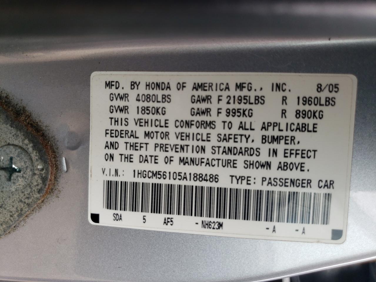 2005 Honda Accord Dx VIN: 1HGCM56105A188486 Lot: 60745674