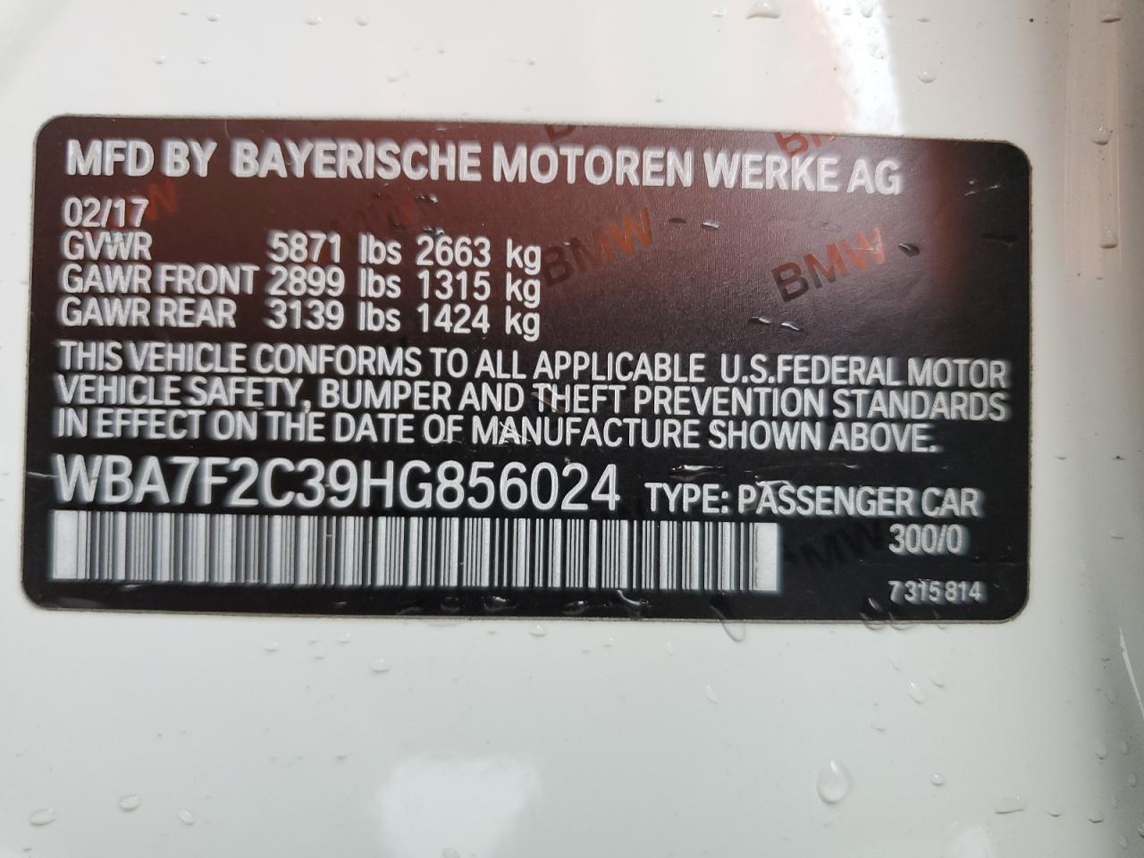 2017 BMW Alpina B7 VIN: WBA7F2C39HG856024 Lot: 62680624