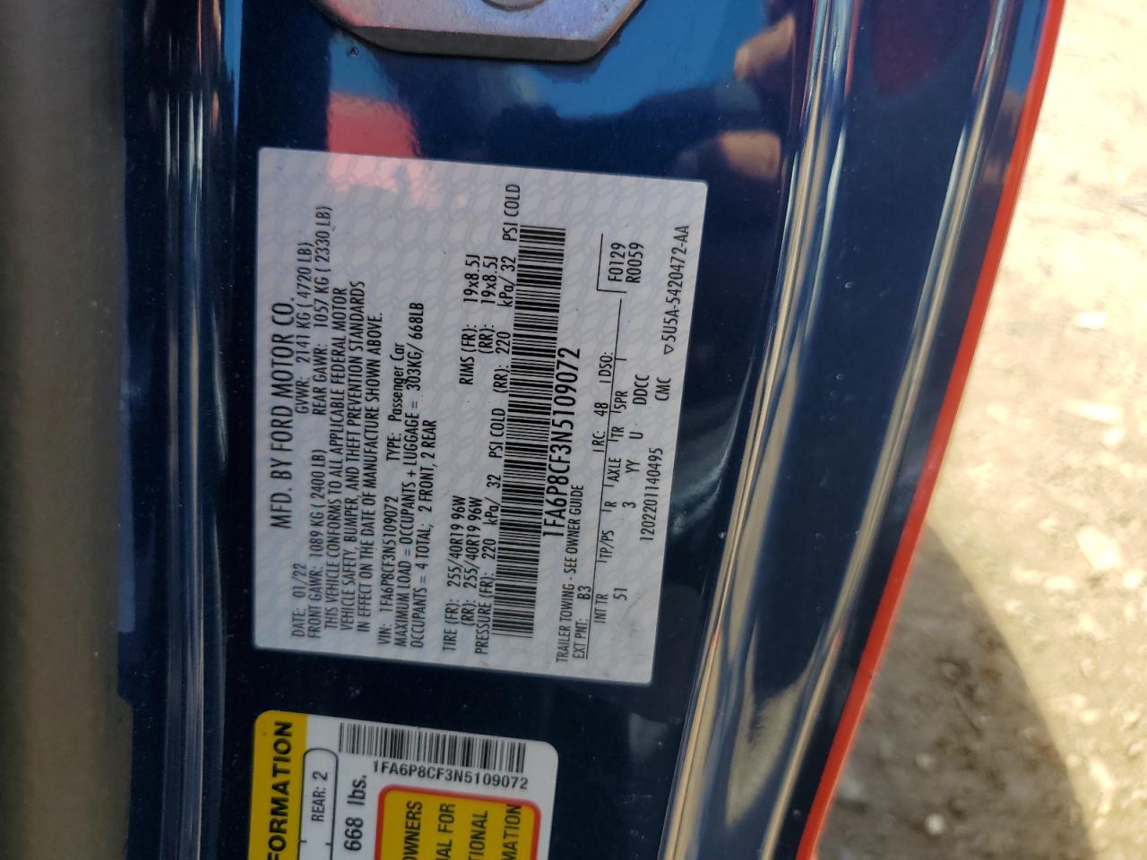 2022 Ford Mustang Gt VIN: 1FA6P8CF3N5109072 Lot: 61747574