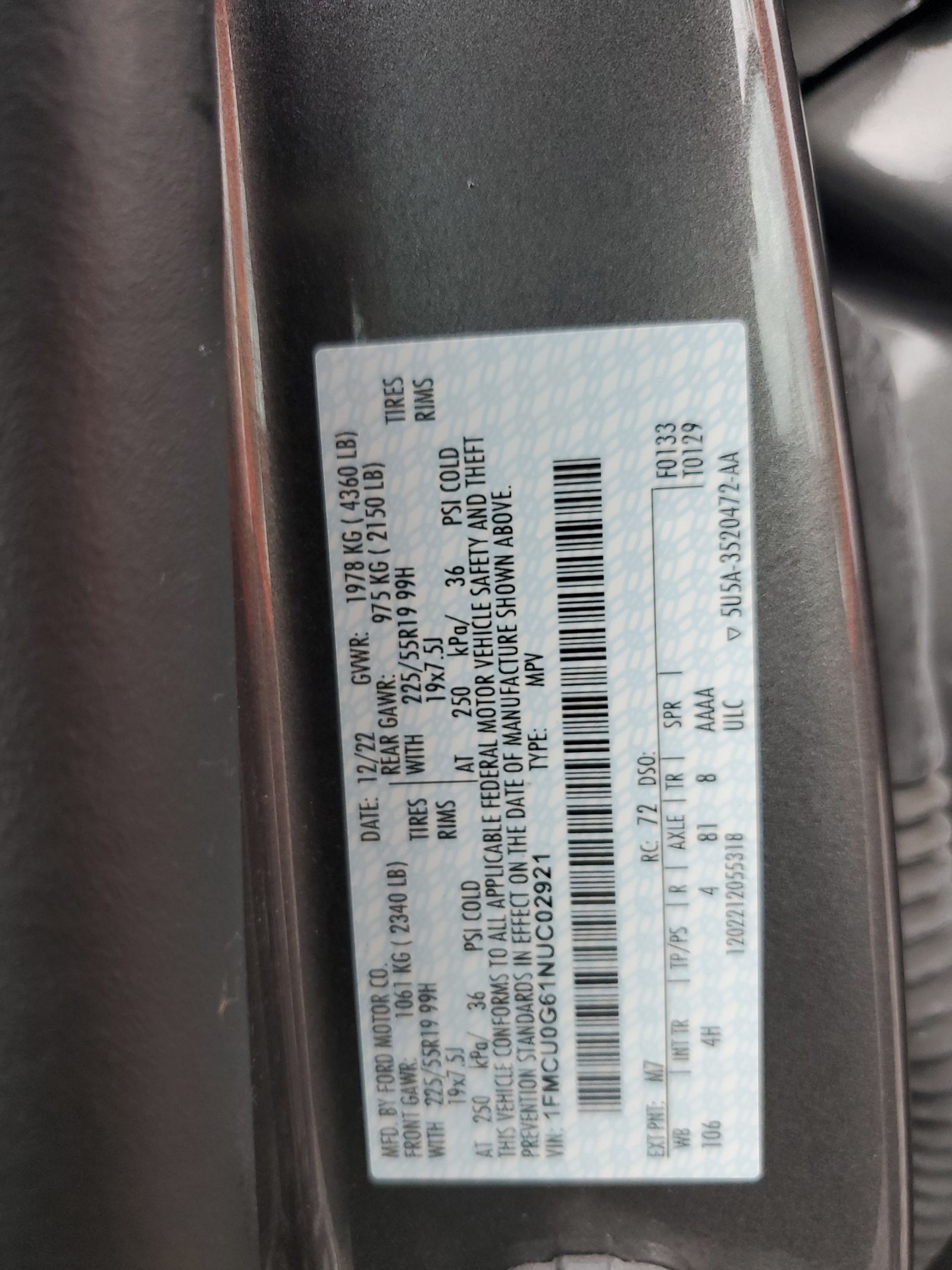 1FMCU0G61NUC02921 2022 Ford Escape Se