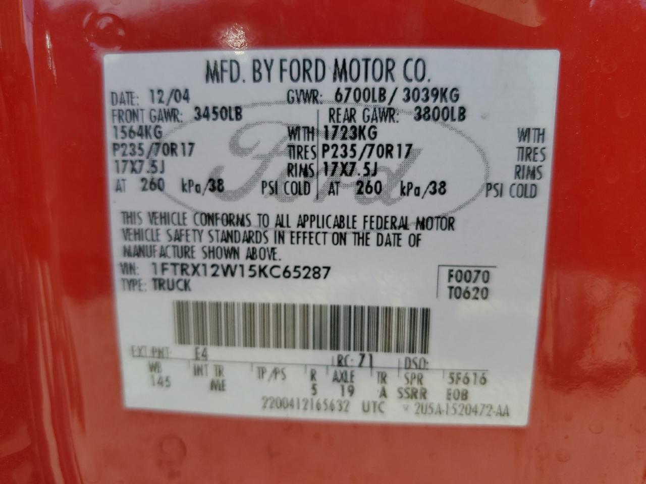 2005 Ford F150 VIN: 1FTRX12W15KC65287 Lot: 63757844