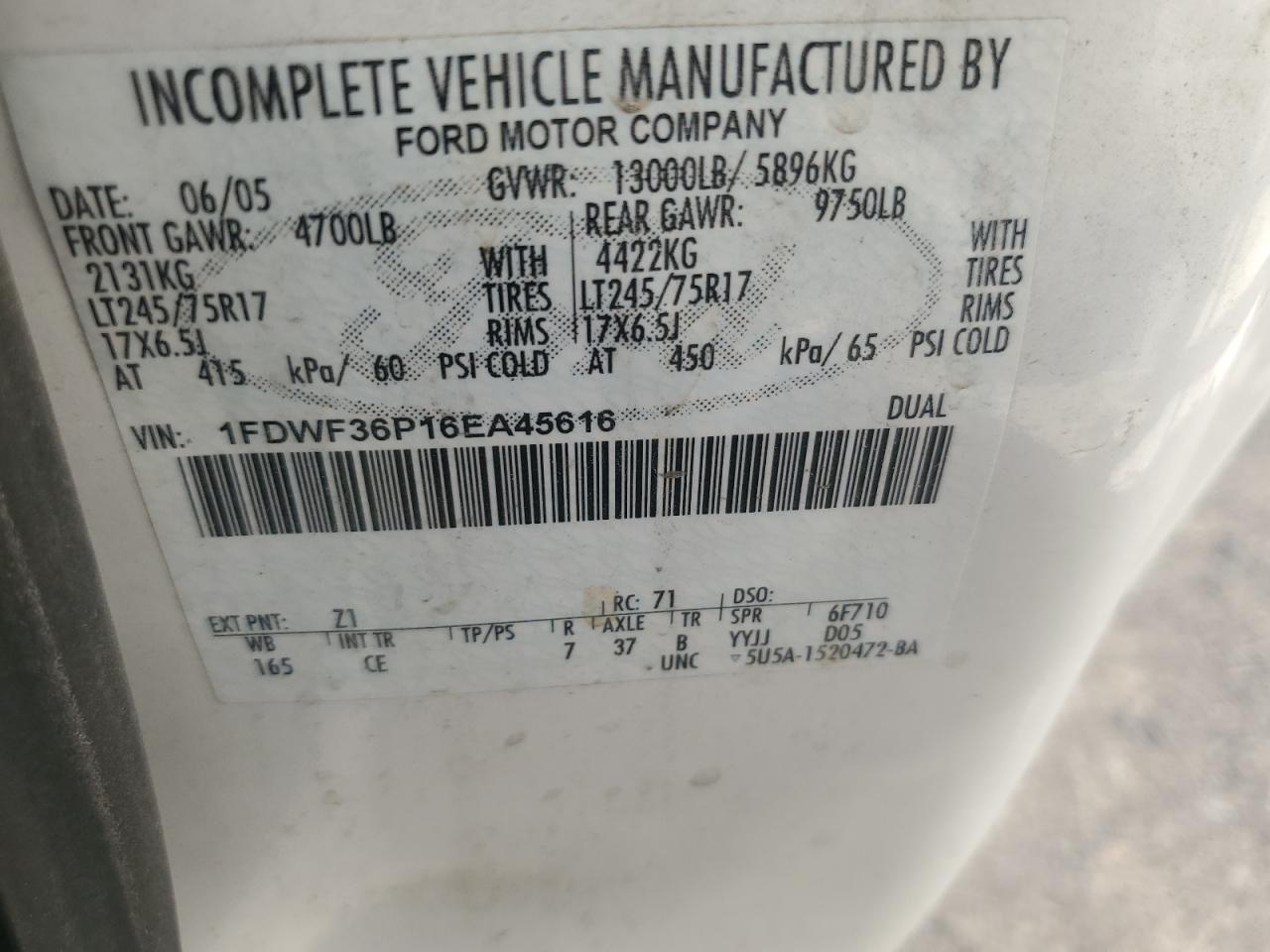 2006 Ford F350 Super Duty VIN: 1FDWF36P16EA45616 Lot: 59643924