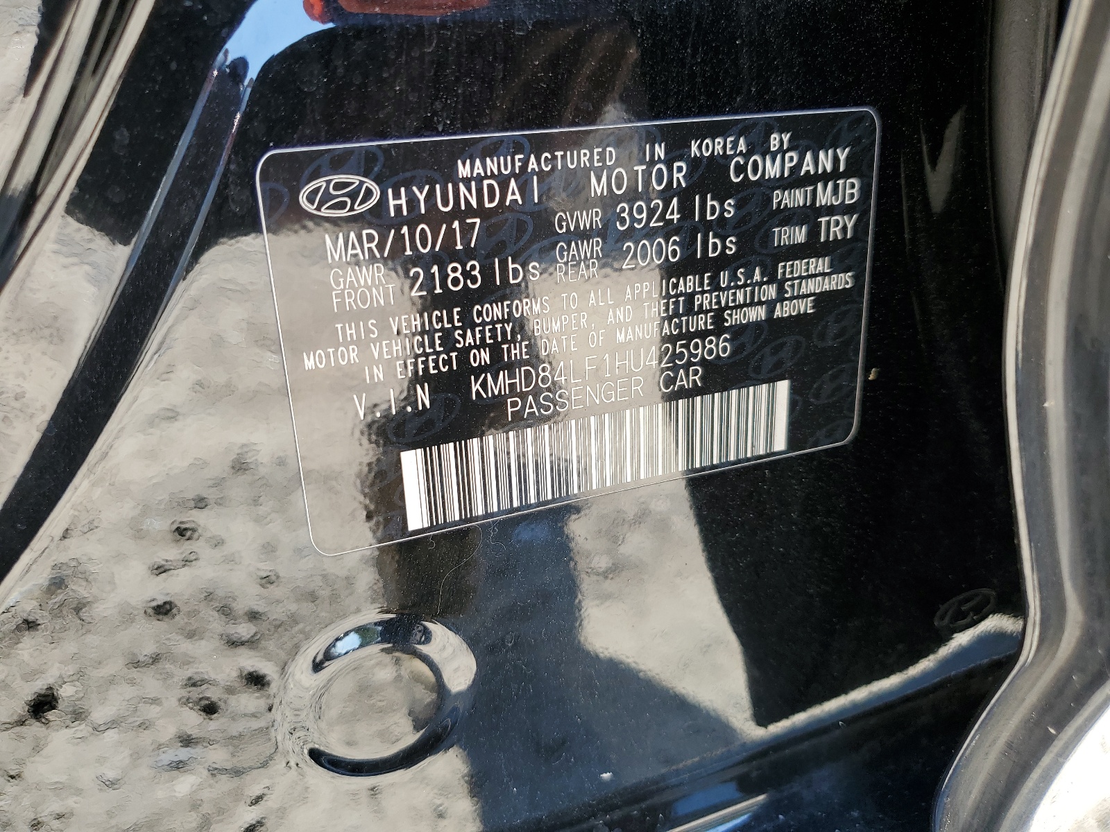 KMHD84LF1HU425986 2017 Hyundai Elantra Se