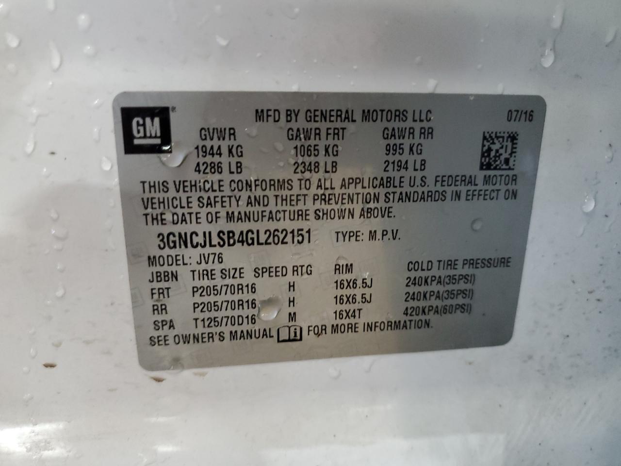 2016 Chevrolet Trax 1Lt VIN: 3GNCJLSB4GL262151 Lot: 60690514