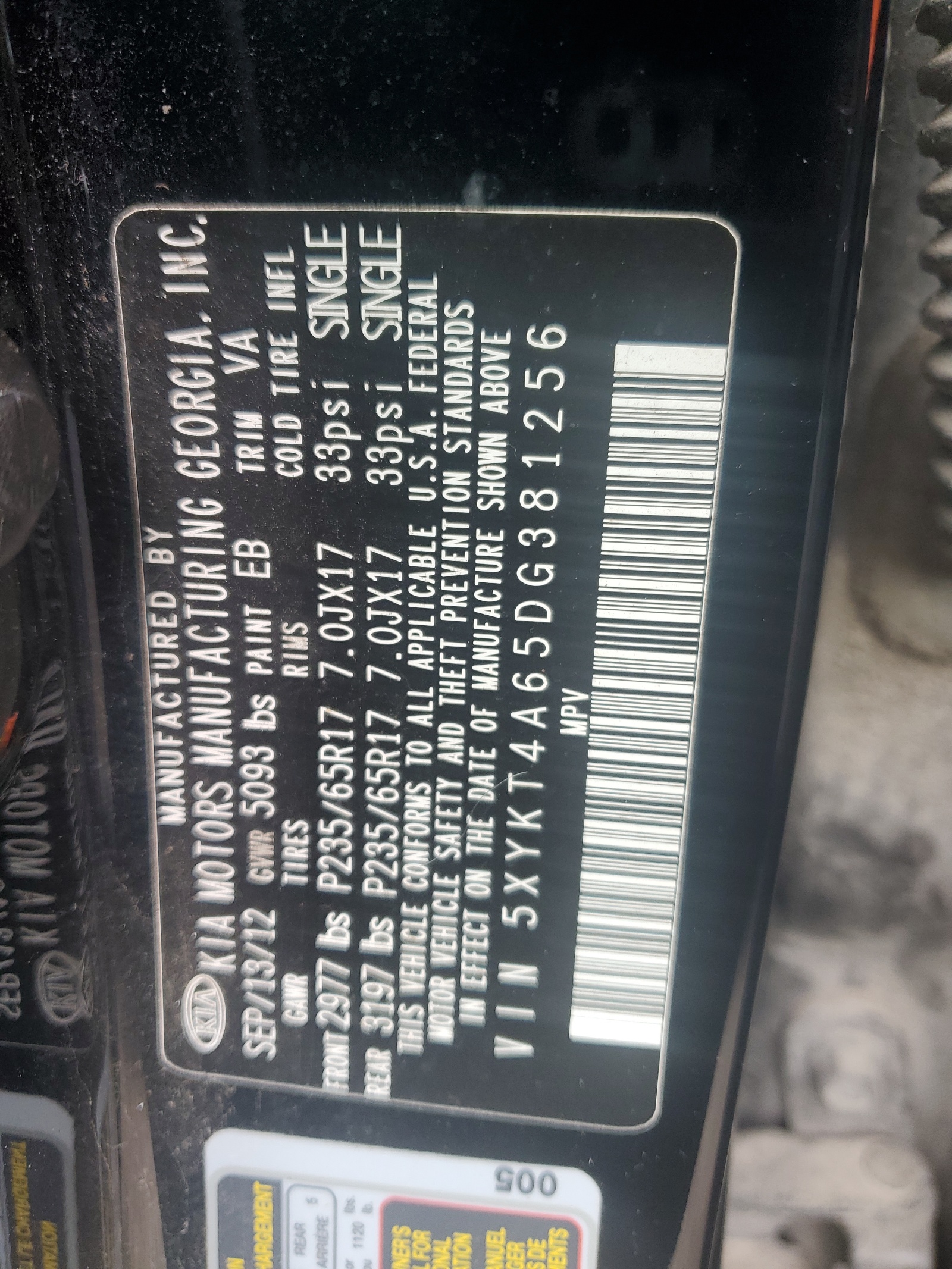 5XYKT4A65DG381256 2013 Kia Sorento Lx