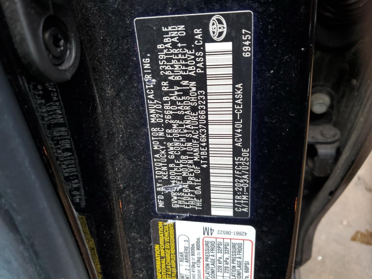 4T1BE46K37U663233 2007 Toyota Camry Ce