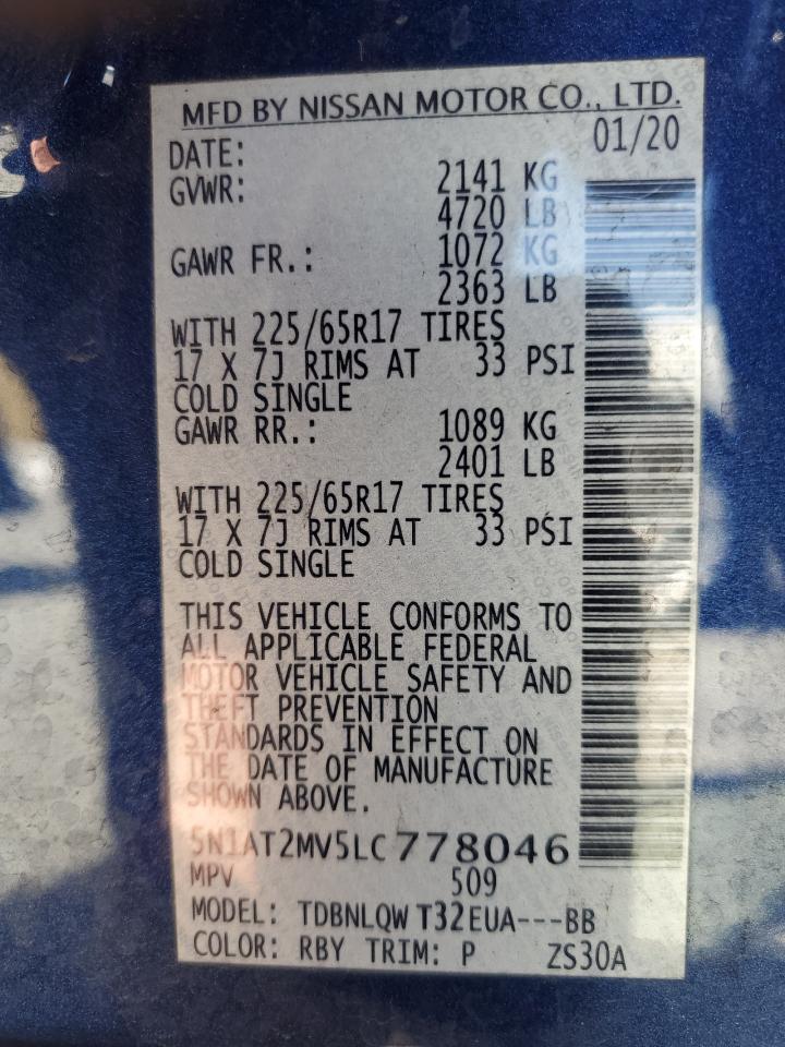 2020 Nissan Rogue S VIN: 5N1AT2MV5LC778046 Lot: 64619854