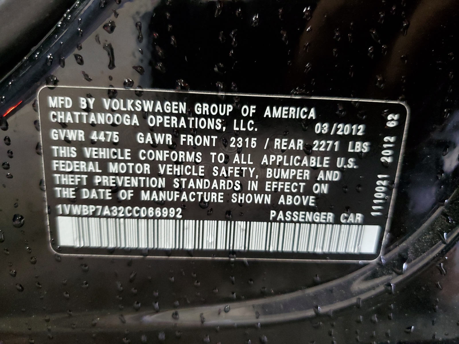 1VWBP7A32CC066992 2012 Volkswagen Passat Se