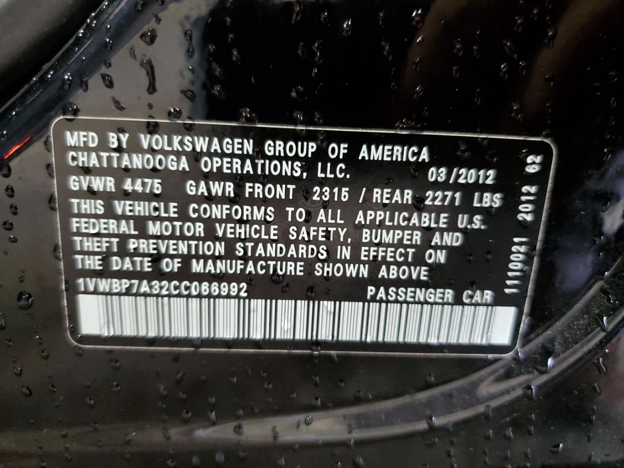 2012 Volkswagen Passat Se VIN: 1VWBP7A32CC066992 Lot: 61328144