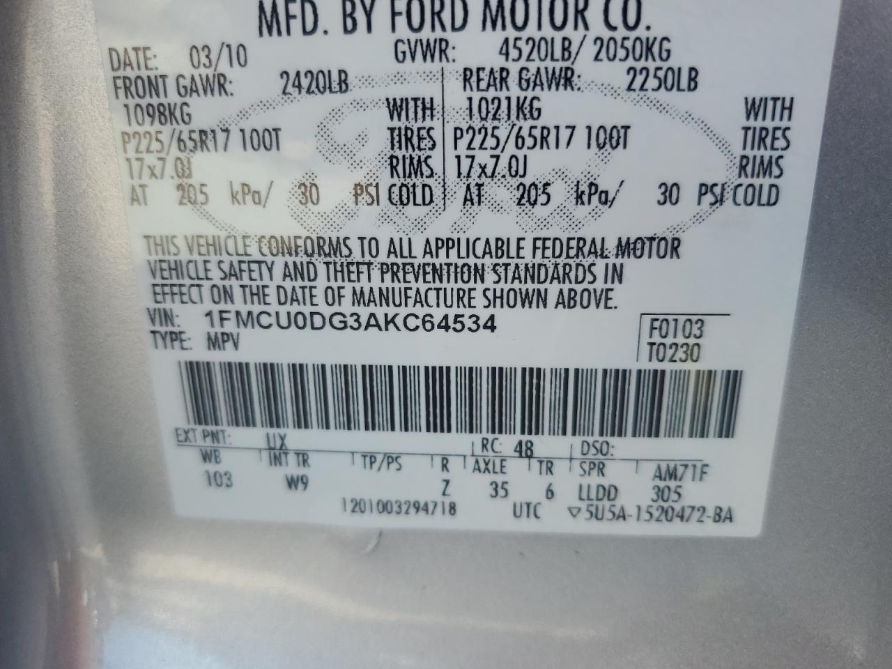 2010 Ford Escape Xlt VIN: 1FMCU0DG3AKC64534 Lot: 64992994