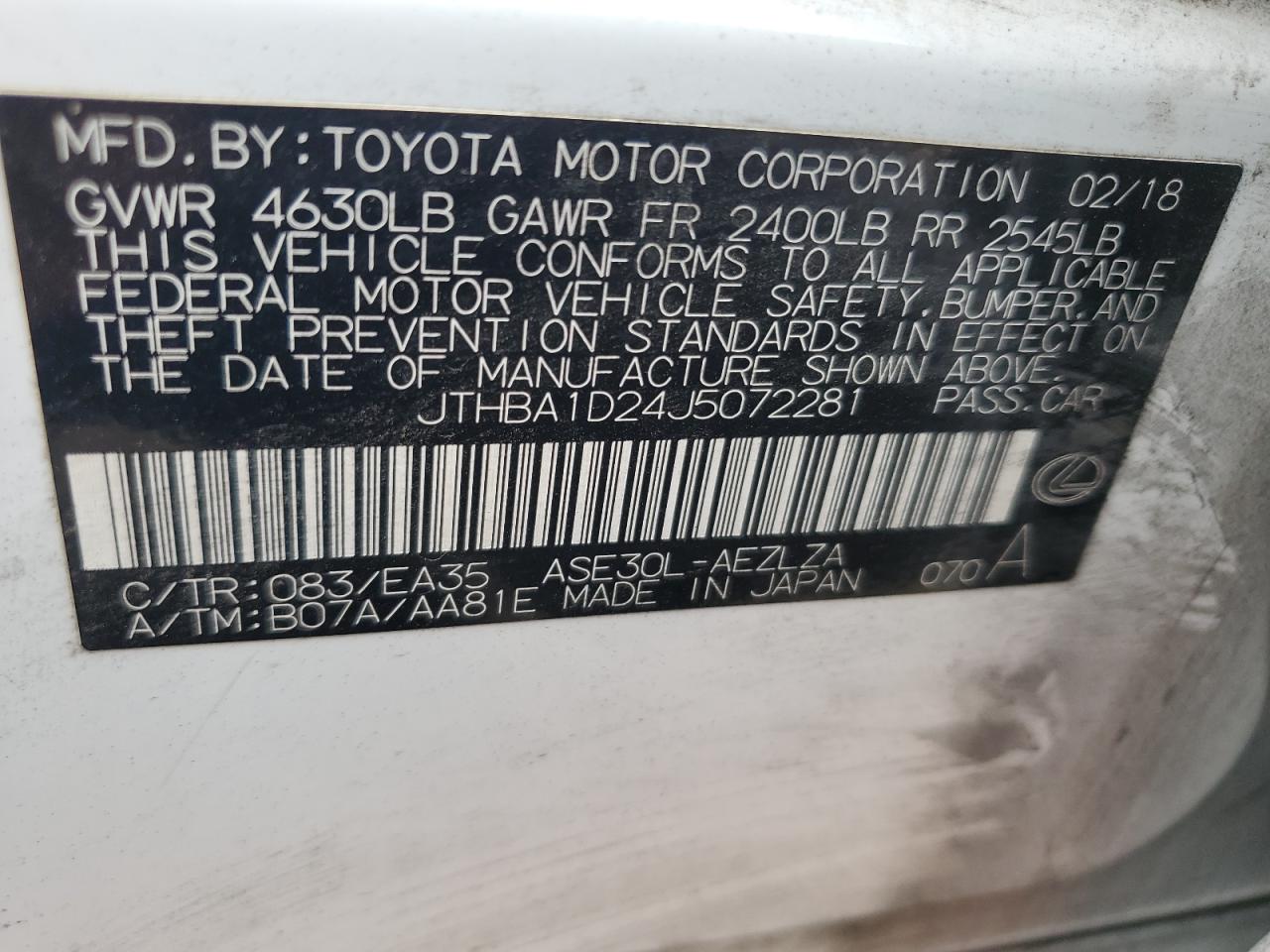 2018 Lexus Is 300 VIN: JTHBA1D24J5072281 Lot: 61392584