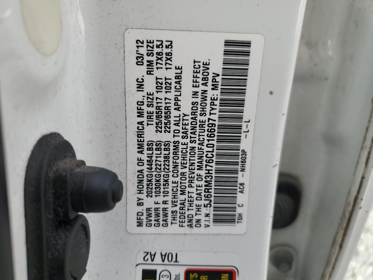 2012 Honda Cr-V Exl VIN: 5J6RM3H76CL016697 Lot: 62114914