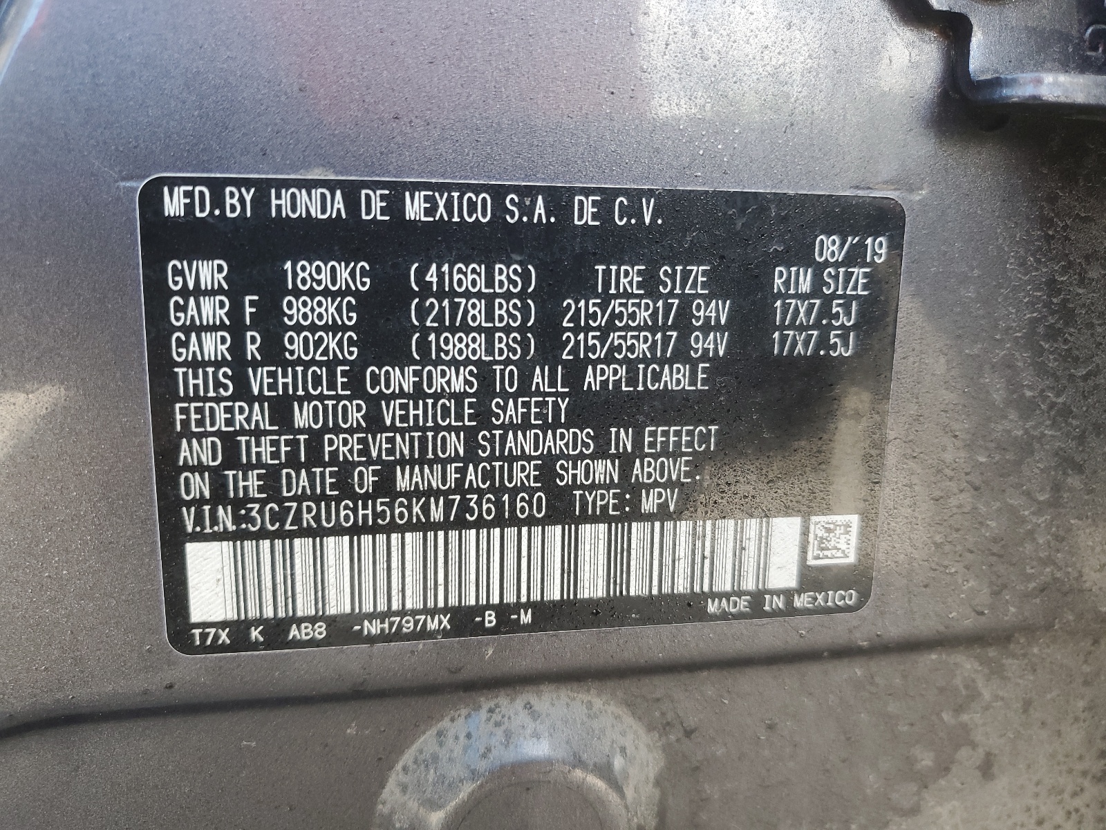3CZRU6H56KM736160 2019 Honda Hr-V Ex
