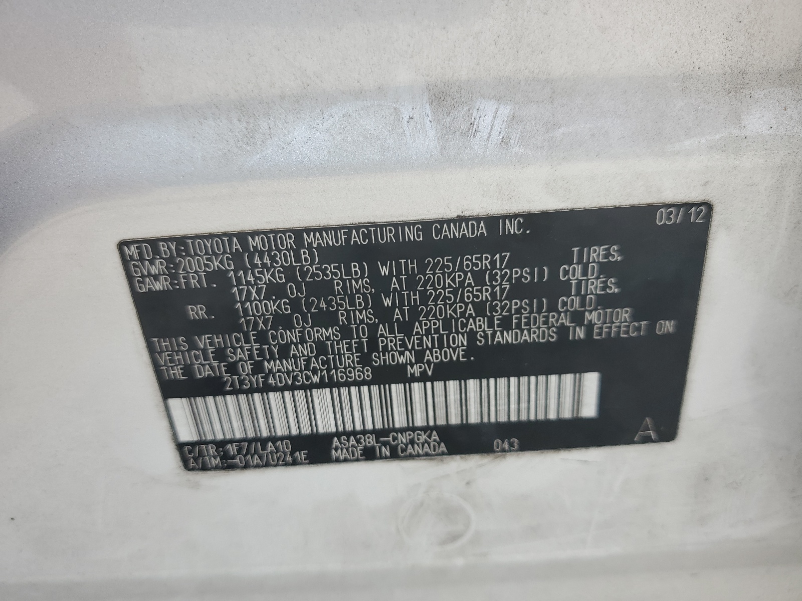 2T3YF4DV3CW116968 2012 Toyota Rav4 Limited