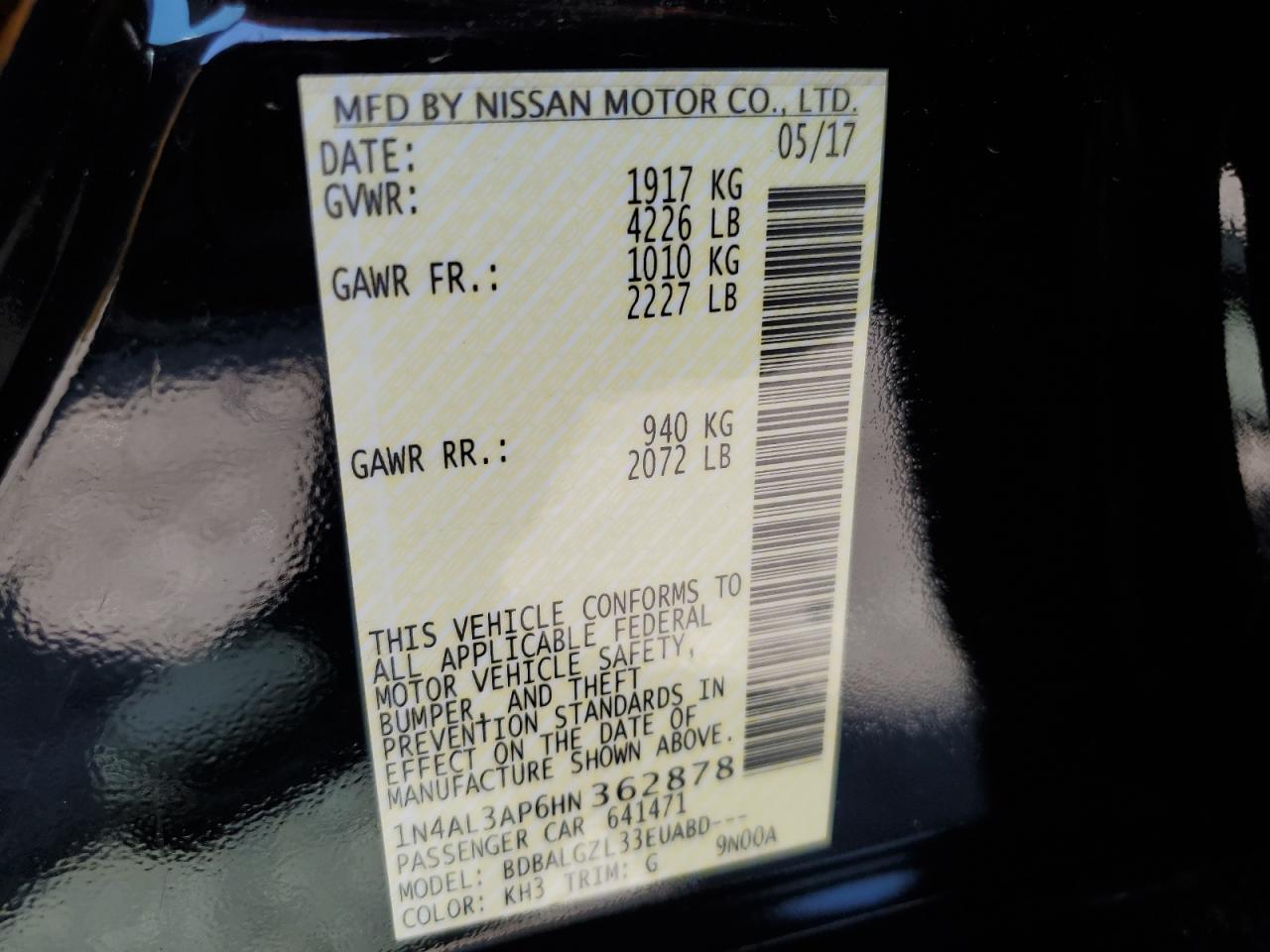 2017 Nissan Altima 2.5 VIN: 1N4AL3AP6HN362878 Lot: 64077504