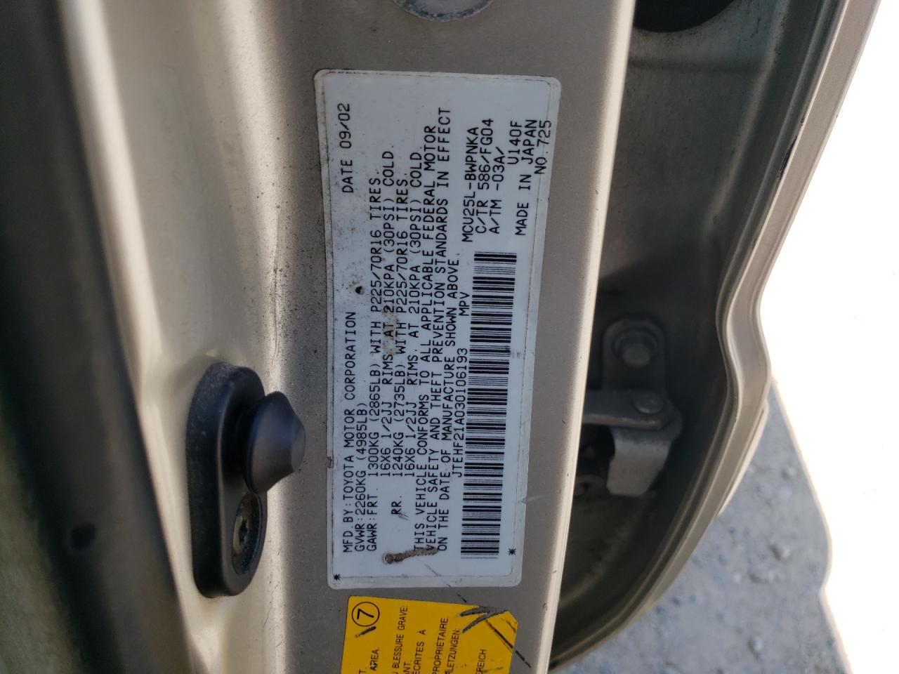 2003 Toyota Highlander Limited VIN: JTEHF21A030106193 Lot: 65088364