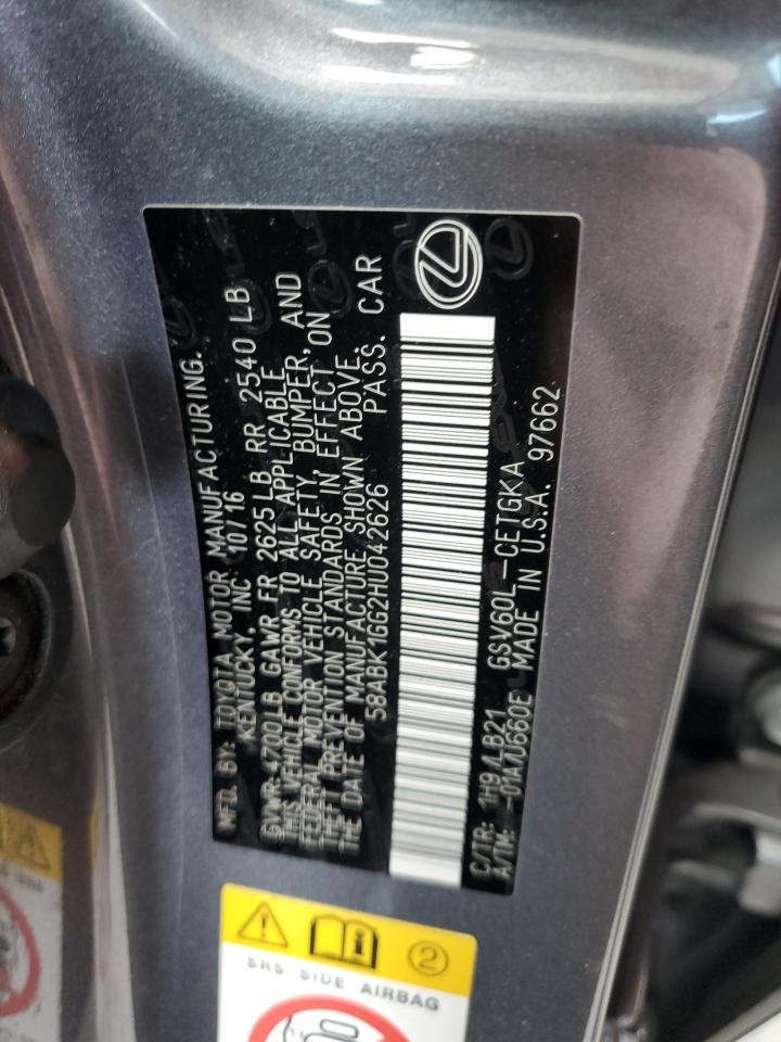 2017 Lexus Es 350 VIN: 58ABK1GG2HU042626 Lot: 64927304