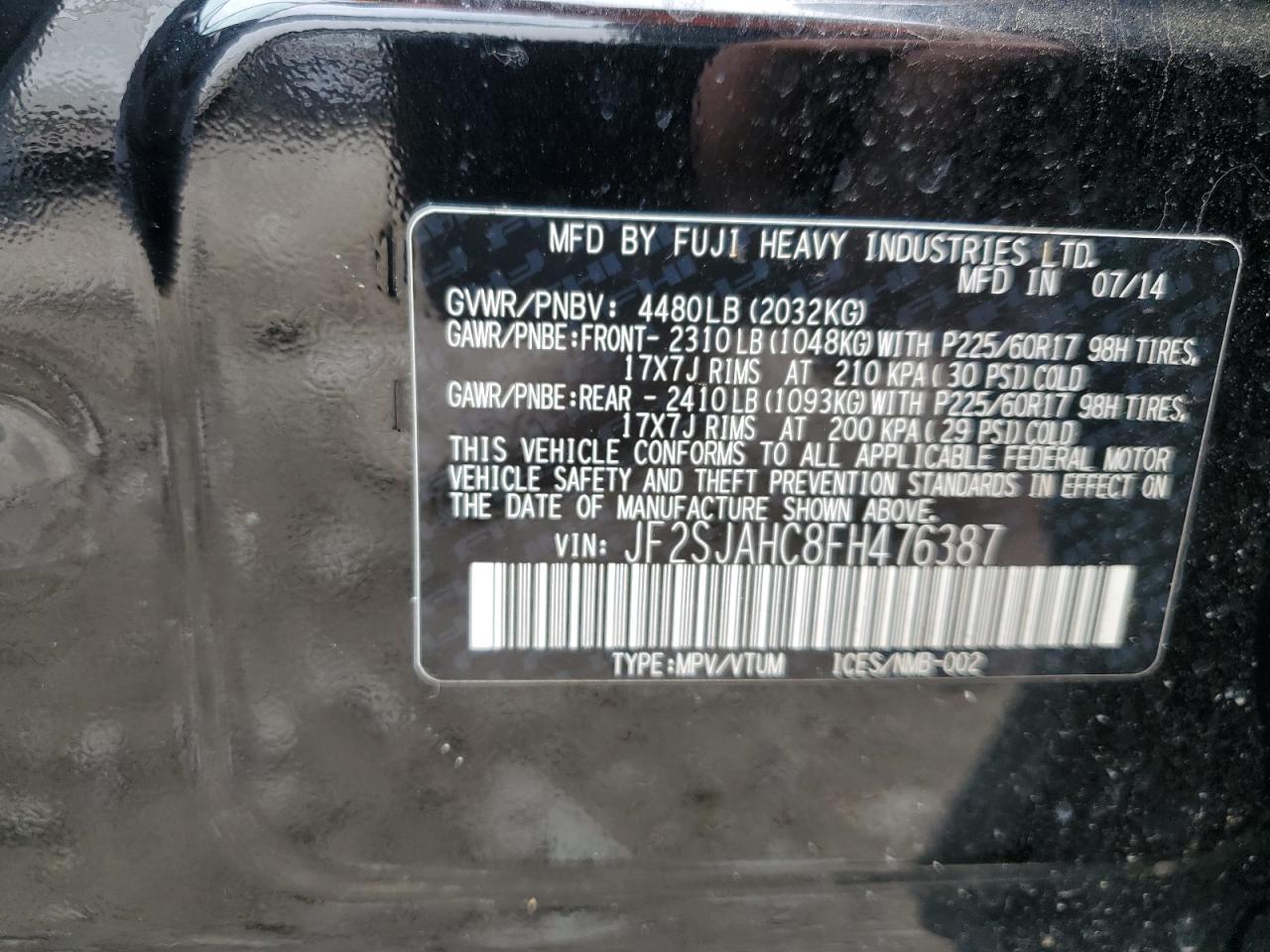 2015 Subaru Forester 2.5I Limited VIN: JF2SJAHC8FH476387 Lot: 63583184