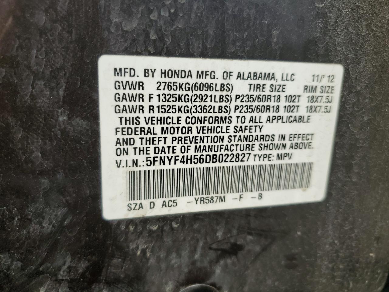 2013 Honda Pilot Exl VIN: 5FNYF4H56DB022827 Lot: 60922774