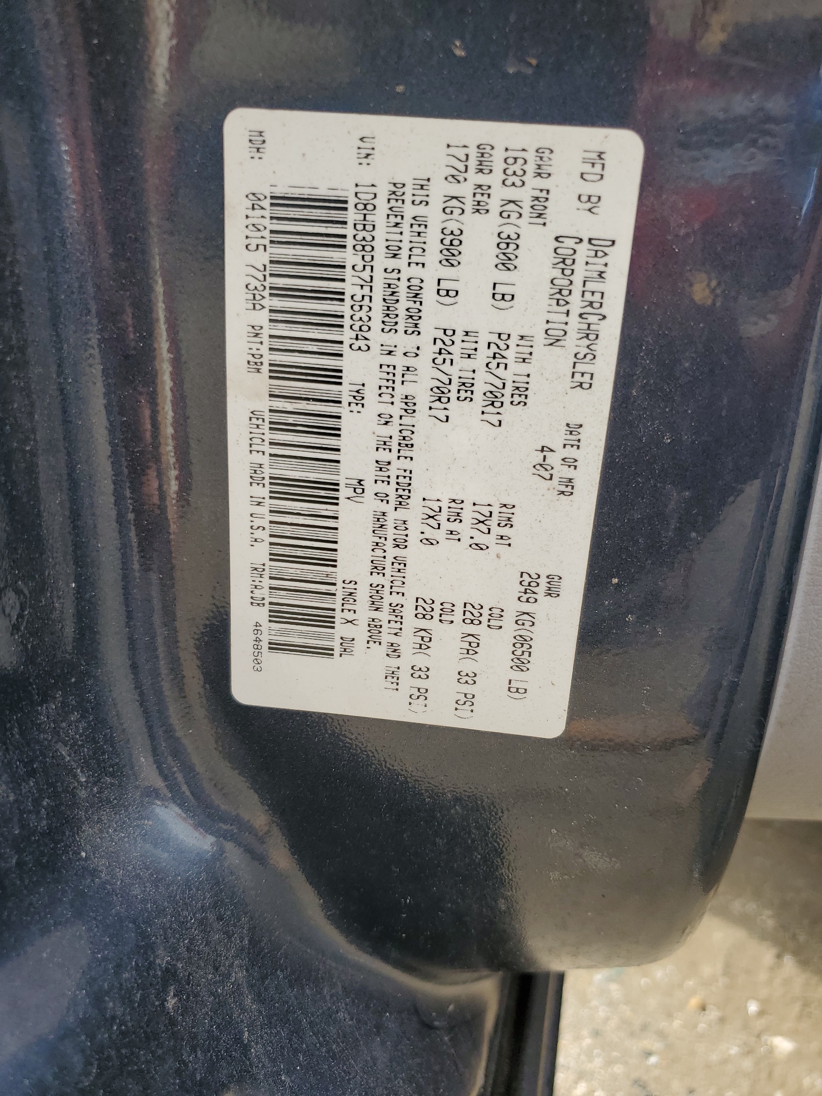 1D8HB38P57F563943 2007 Dodge Durango Sxt