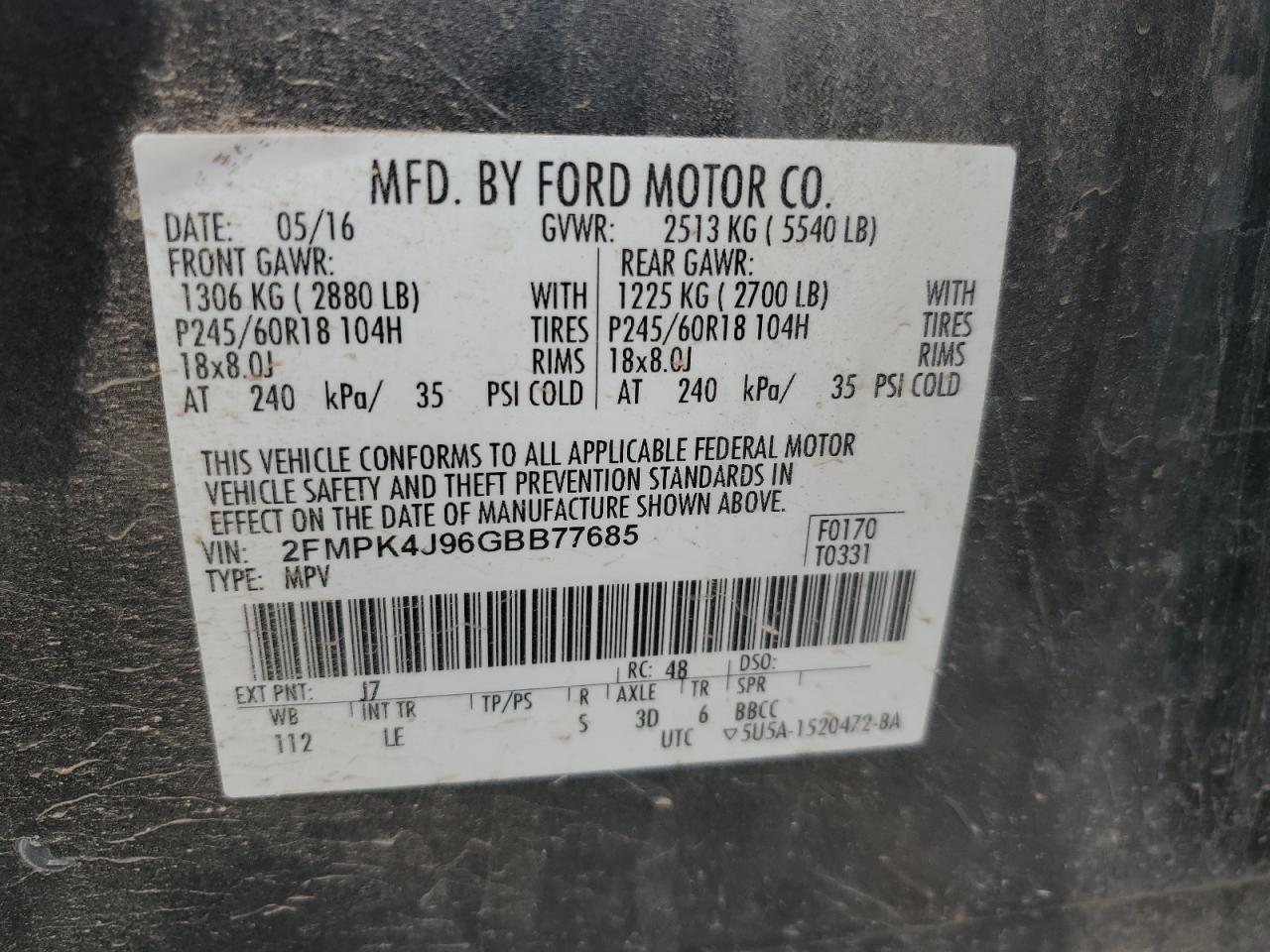 2016 Ford Edge Sel VIN: 2FMPK4J96GBB77685 Lot: 61823974