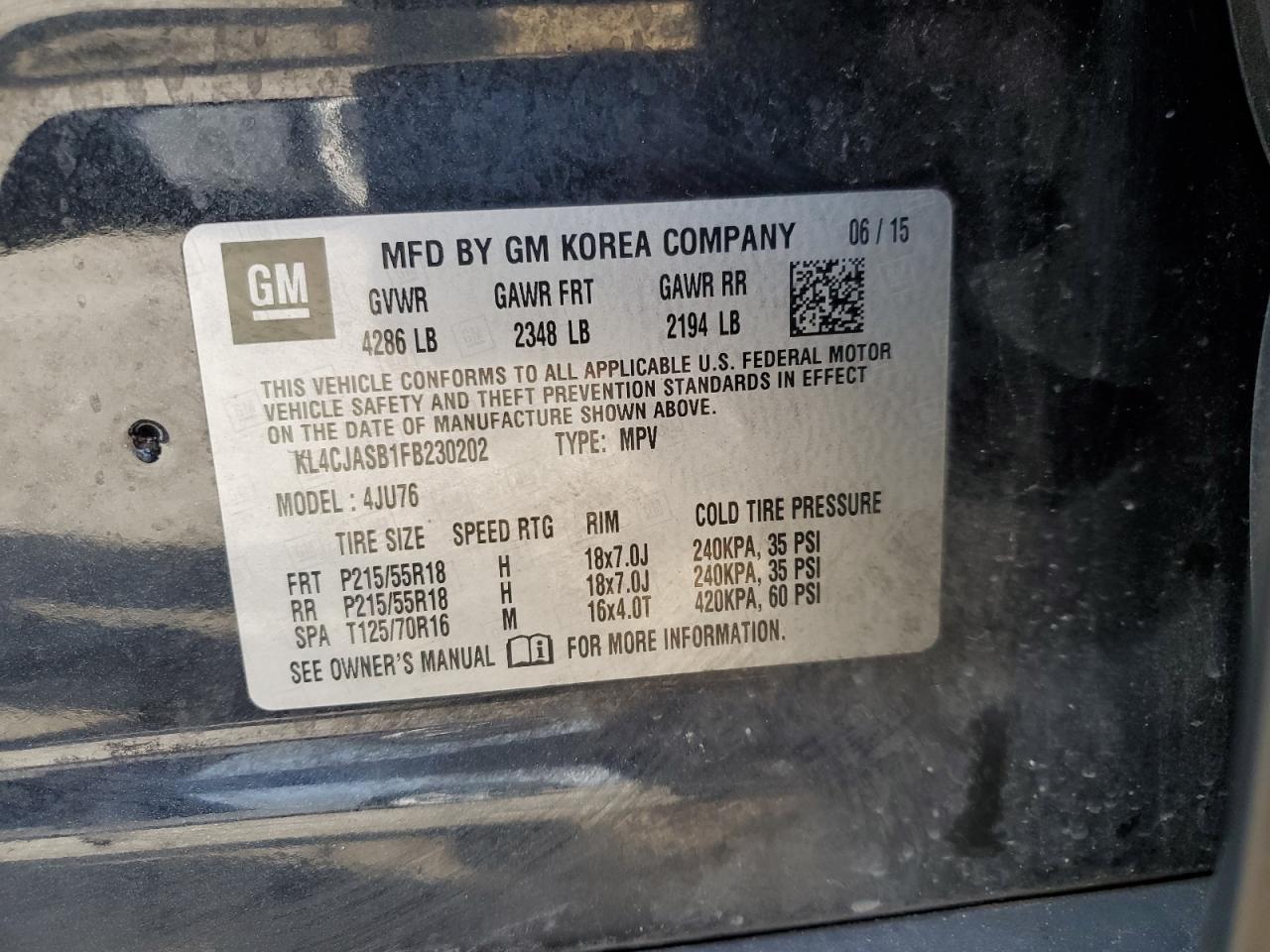 2015 Buick Encore VIN: KL4CJASB1FB230202 Lot: 63842094