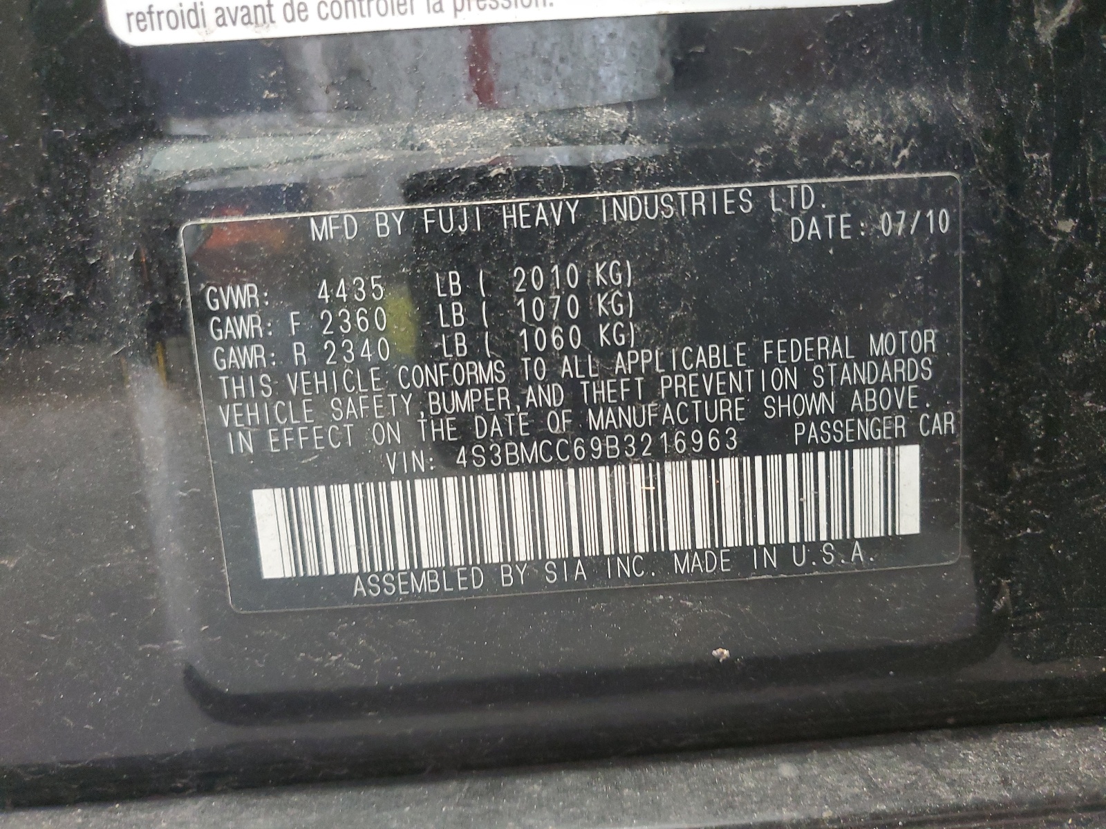 4S3BMCC69B3216963 2011 Subaru Legacy 2.5I Premium