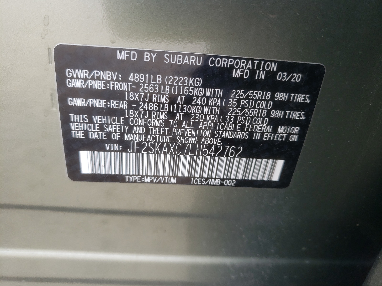 JF2SKAXC7LH542762 2020 Subaru Forester Touring